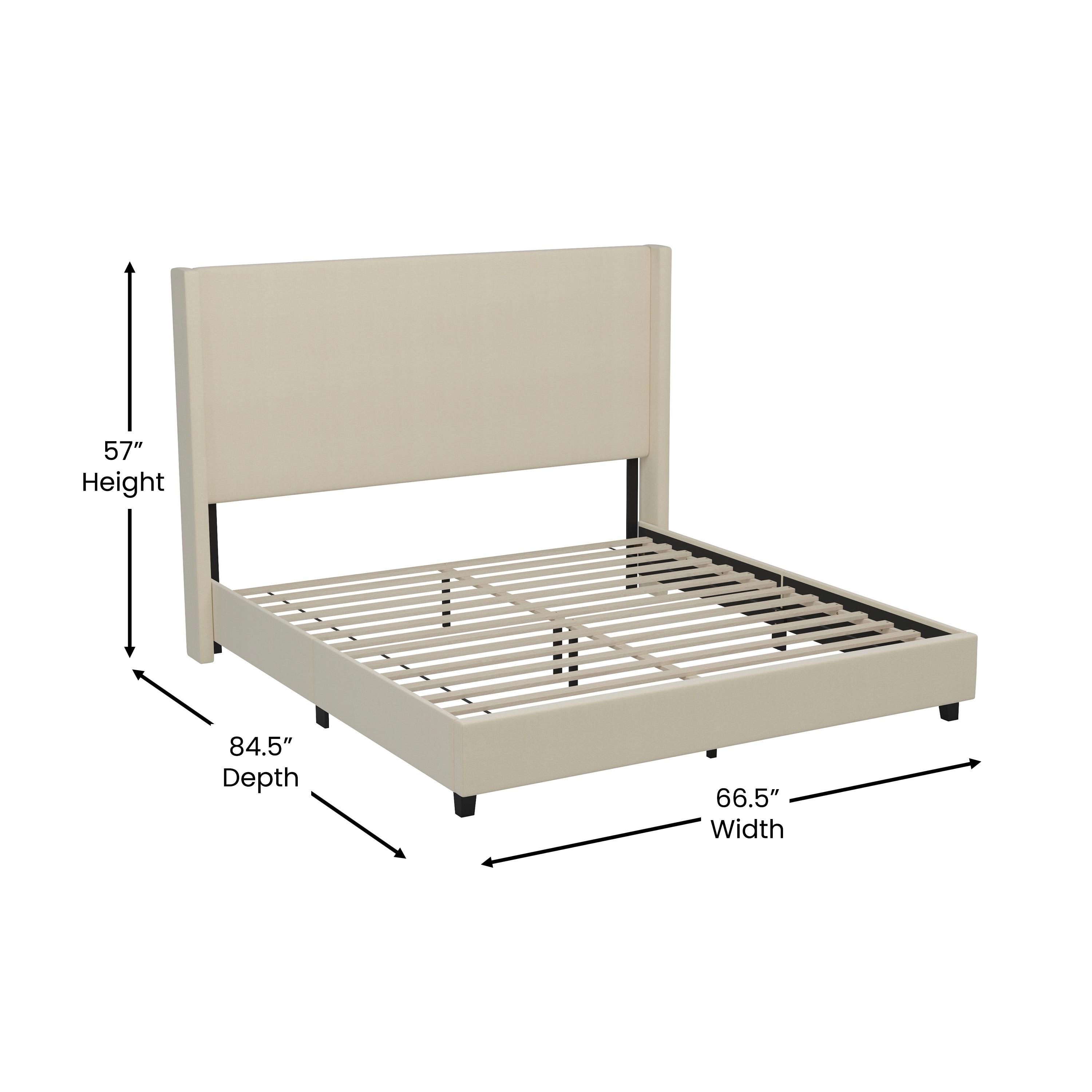 Flash Furniture Quinn Queen Upholstered Platform Bed with Channel Stitched Wingback Headboard, No Box Spring Needed, Beige