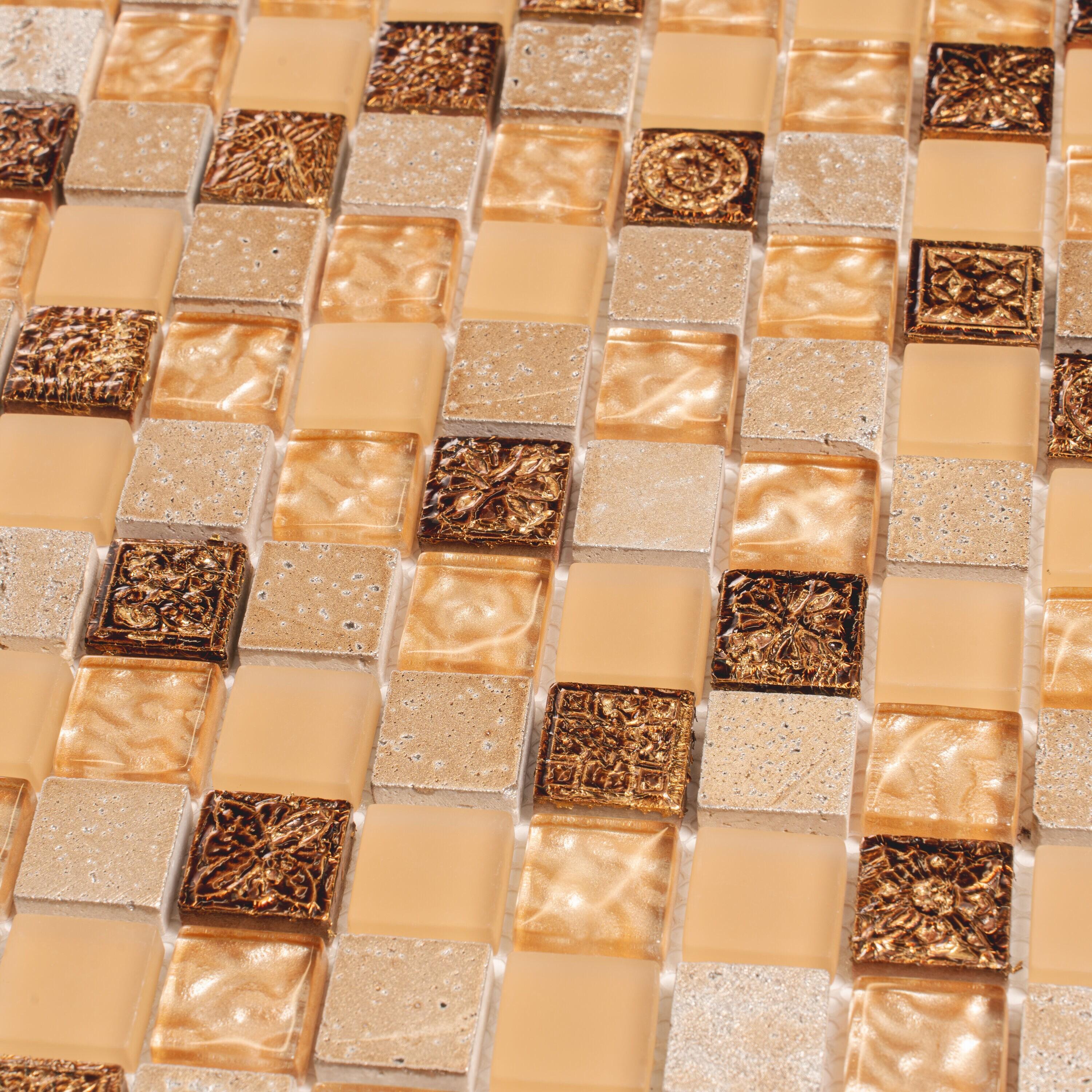 Beige and Brown Polished Glass and Stone Mosaic Tile