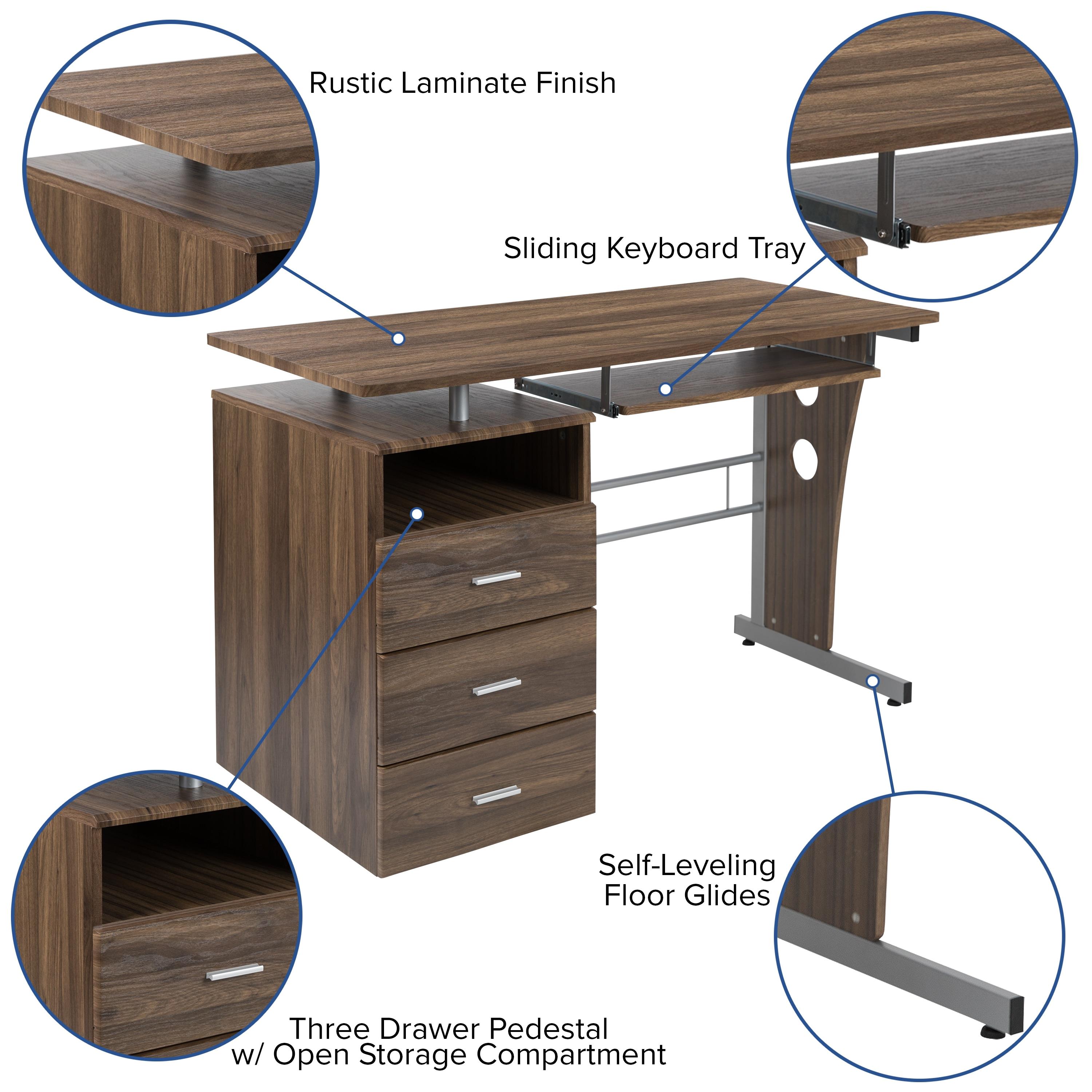 Flash Furniture Rustic Walnut Desk with Three Drawer Pedestal and Pull-Out Keyboard Tray