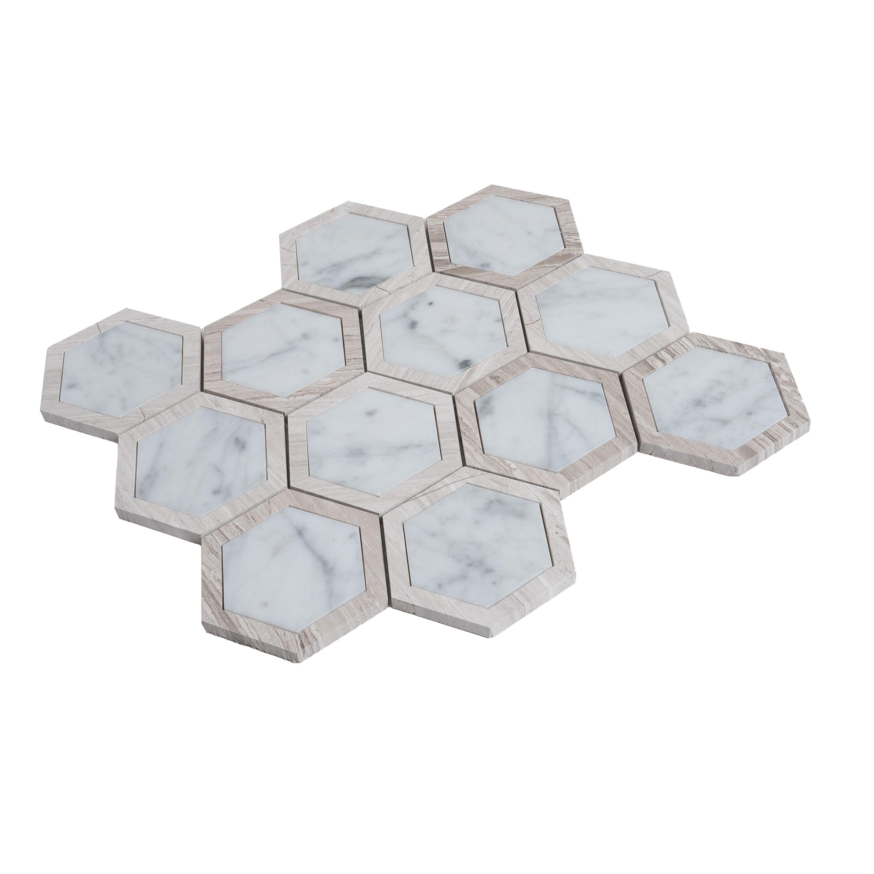 Apollo Tile 12 x 13.5 Bianco Carrara, Wooden Grey Marble Random Mosaic Tile