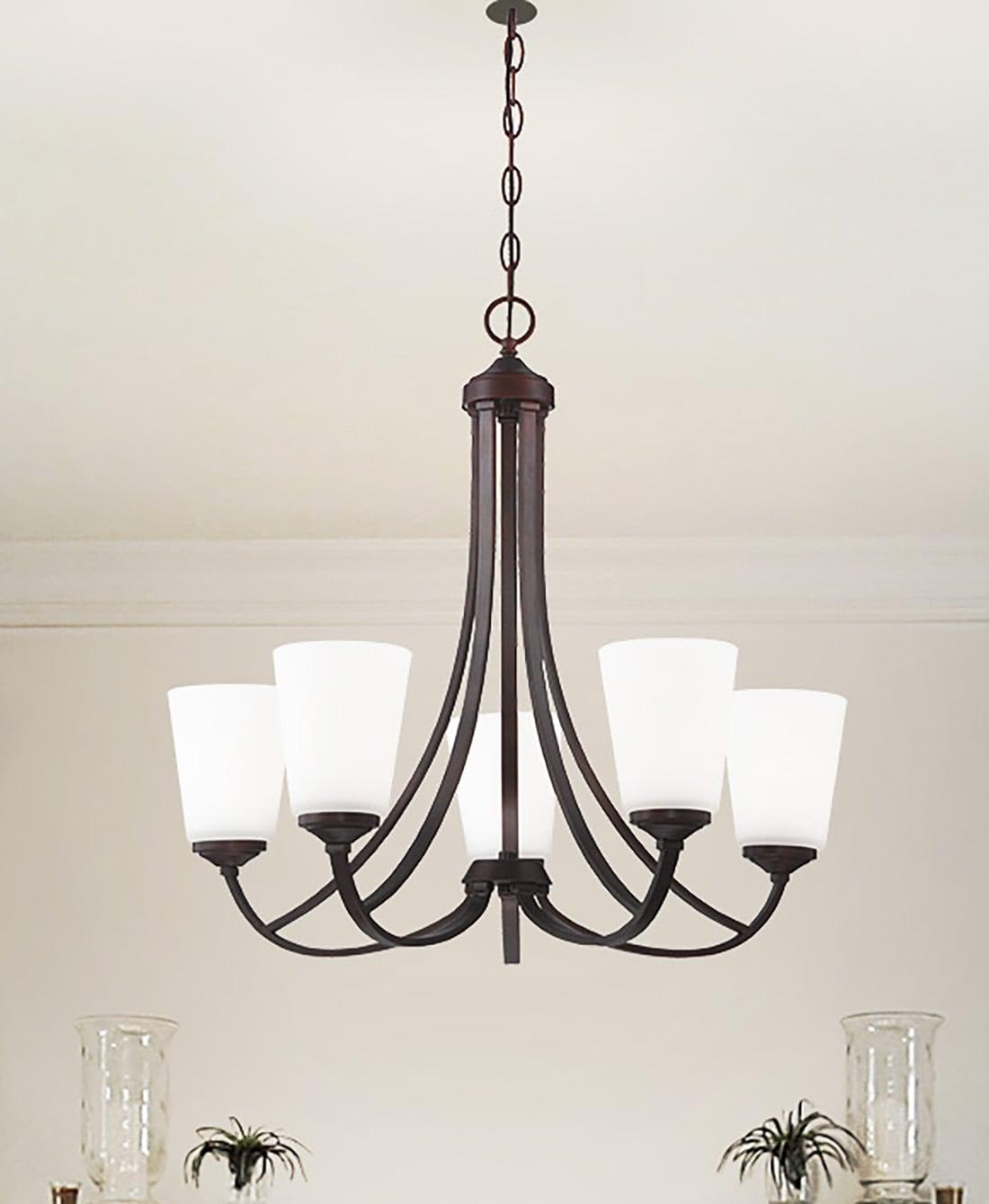 Vintage Bronze 5-Light Chandelier with Etched White Glass Shades