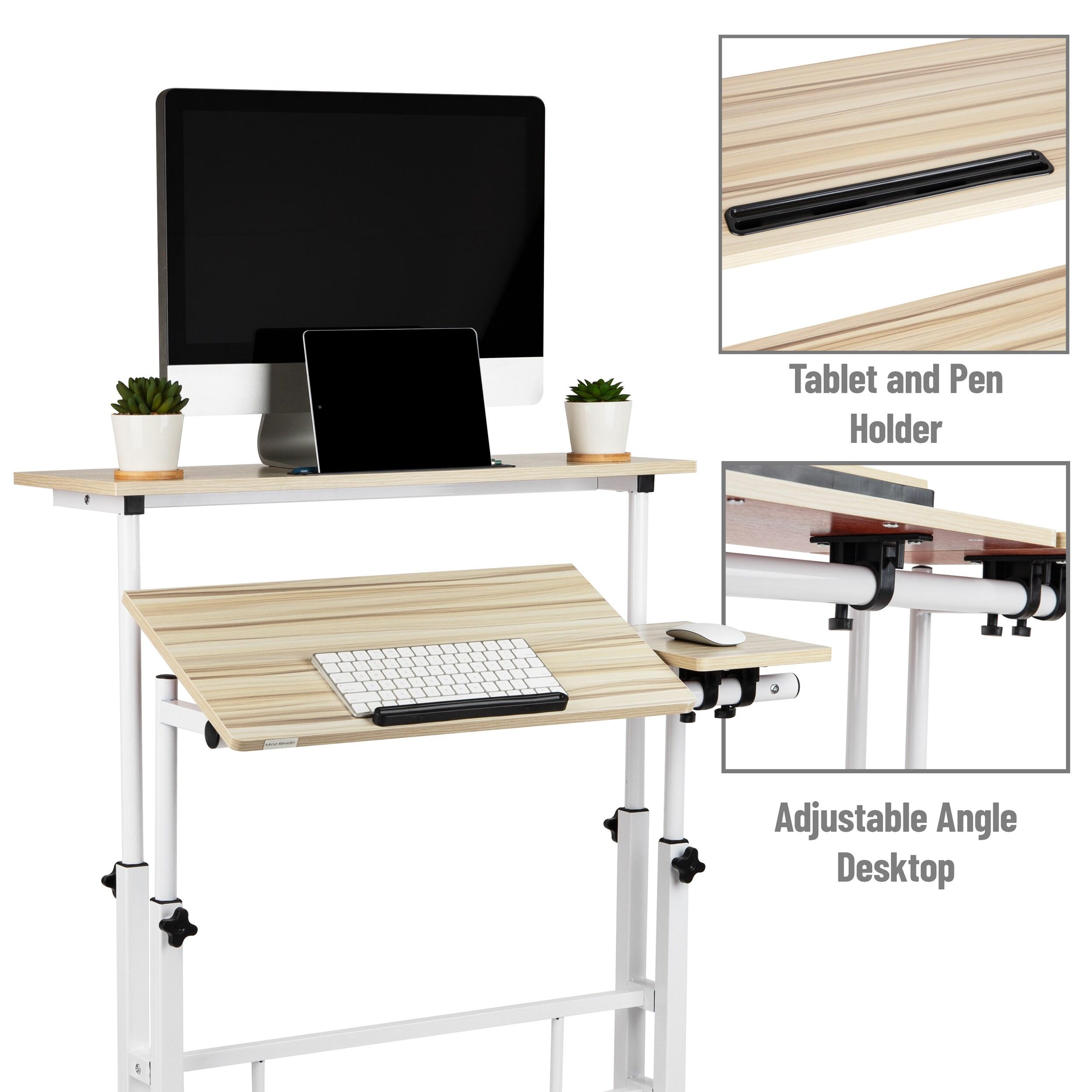 Mind Reader Standing Desk, Adjustable Height, Computer Desk, Laptop Desk, Portable, Rolling, 23.5"L x 19.5"W x 39"H, White