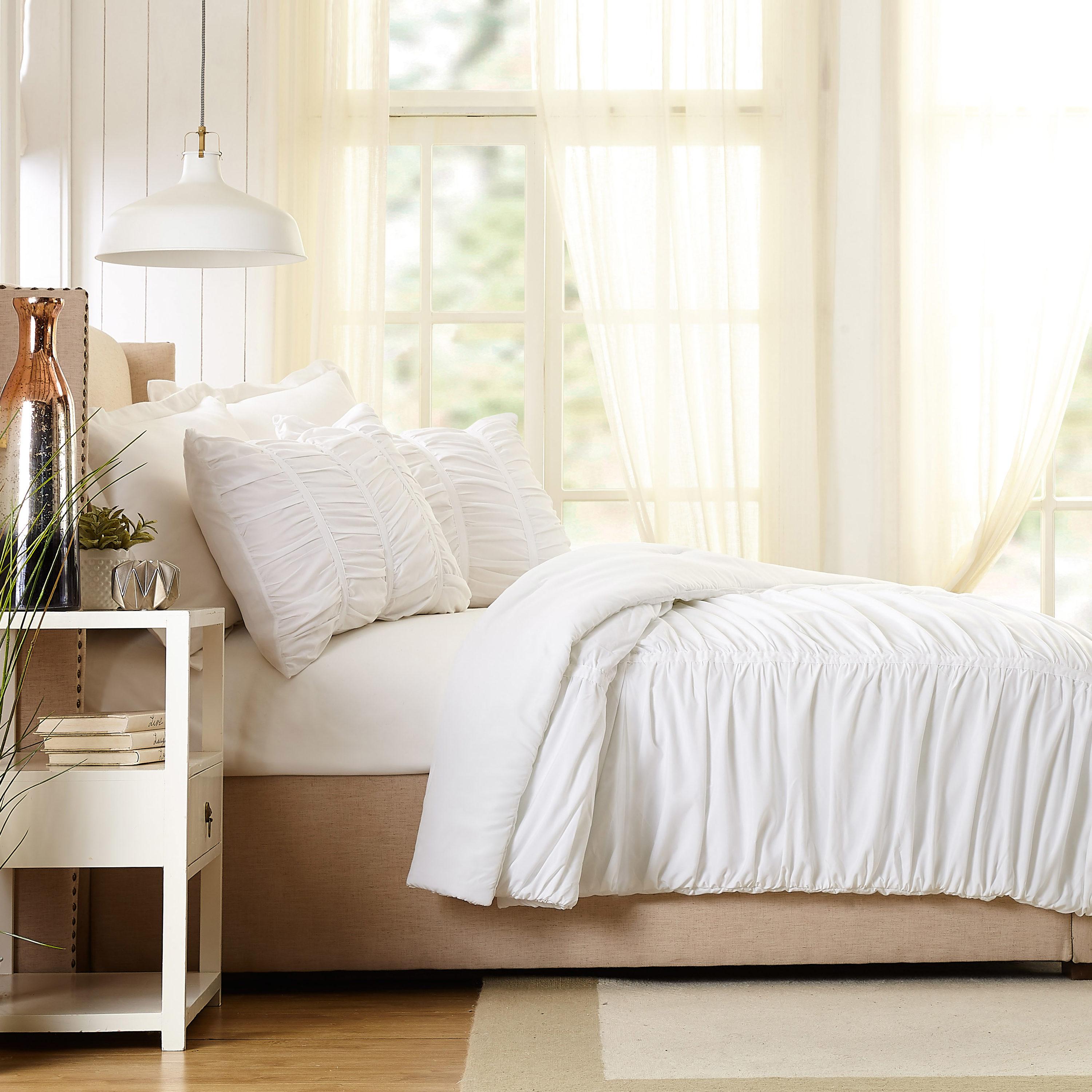 Emily Texture (White) 2-Piece Comforter Set, Ruched All Seasons Bedding, Machine Washable - Twin/Twin XL Size