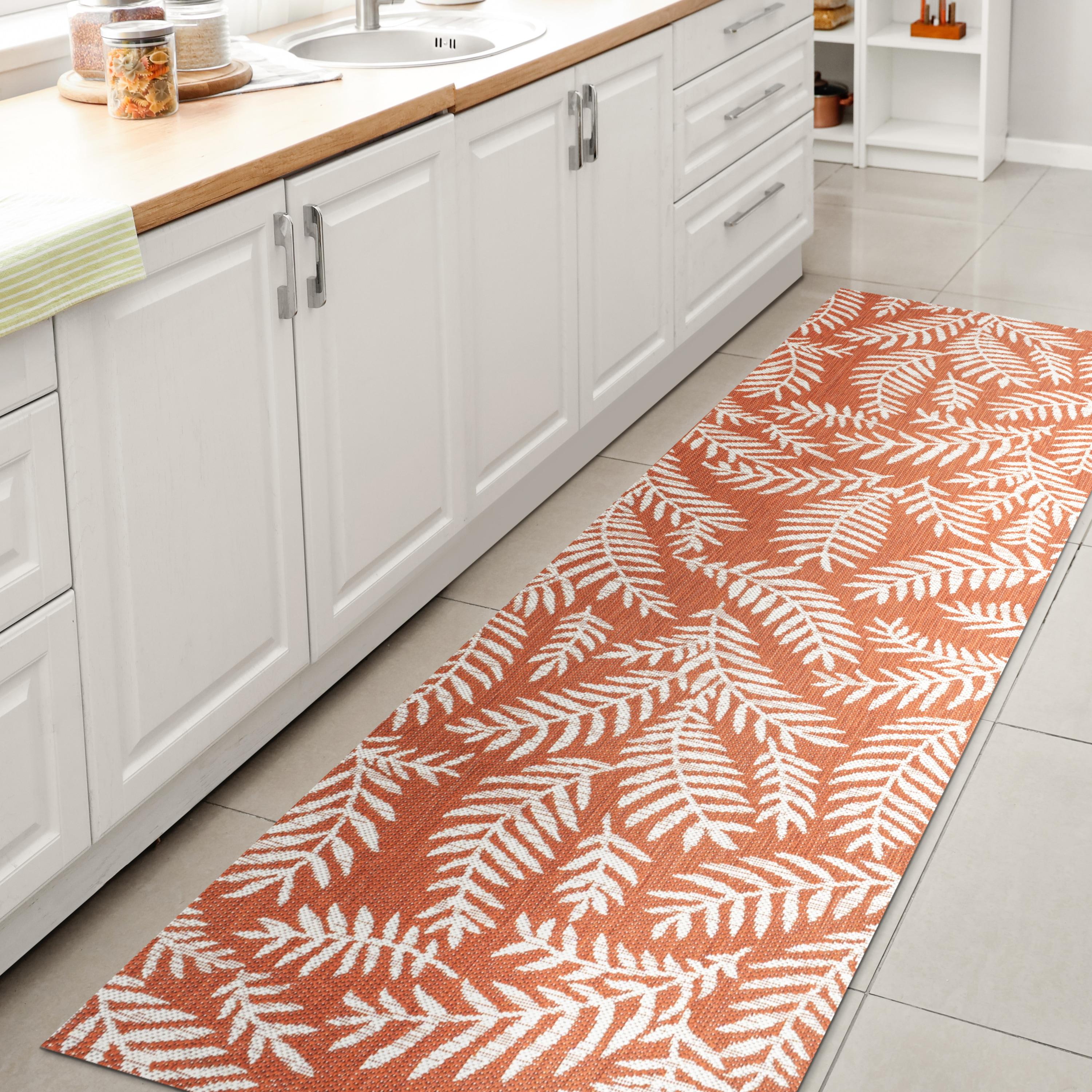 2' x 8' Nevis Palm Frond Indoor/Outdoor Runner Rug, Orange/Cream - JONATHAN Y