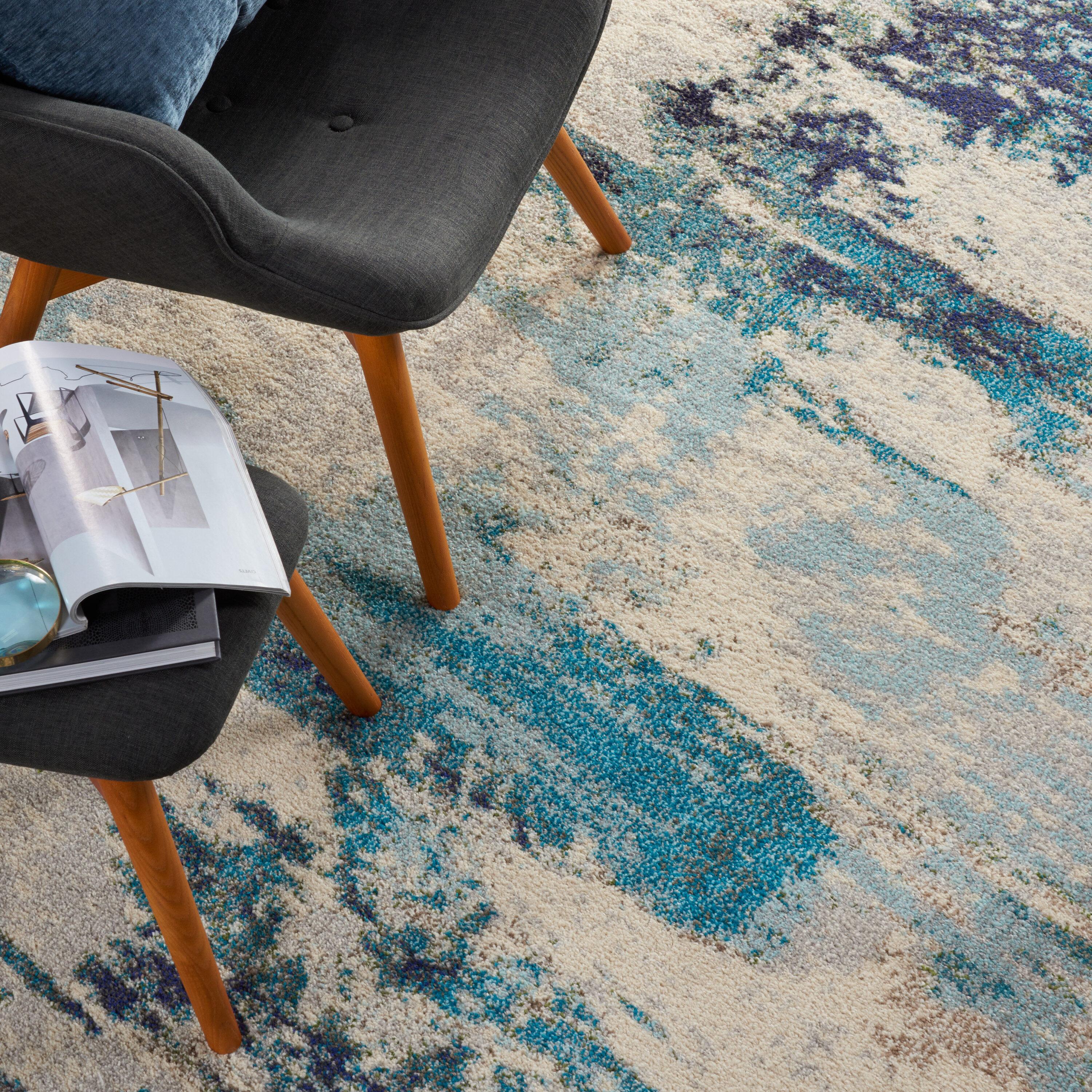 Celestial CES02 Area Rug Colorful Contemporary Abstract By Nourison Ivory Teal Blue 7' x 10'