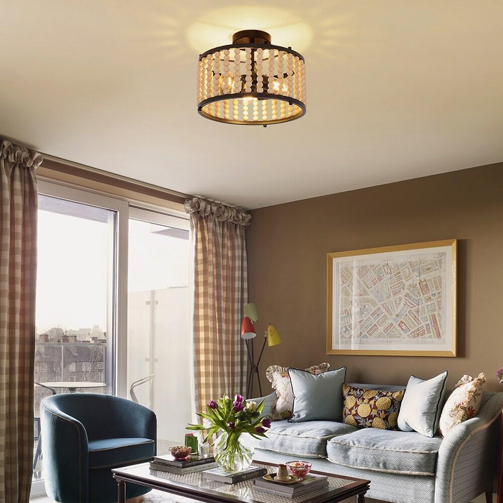 GoYeel Semi Flush Mount Ceiling Light Fixtures 3-Light Wooden Beaded Chandeliers Farmhouse Black