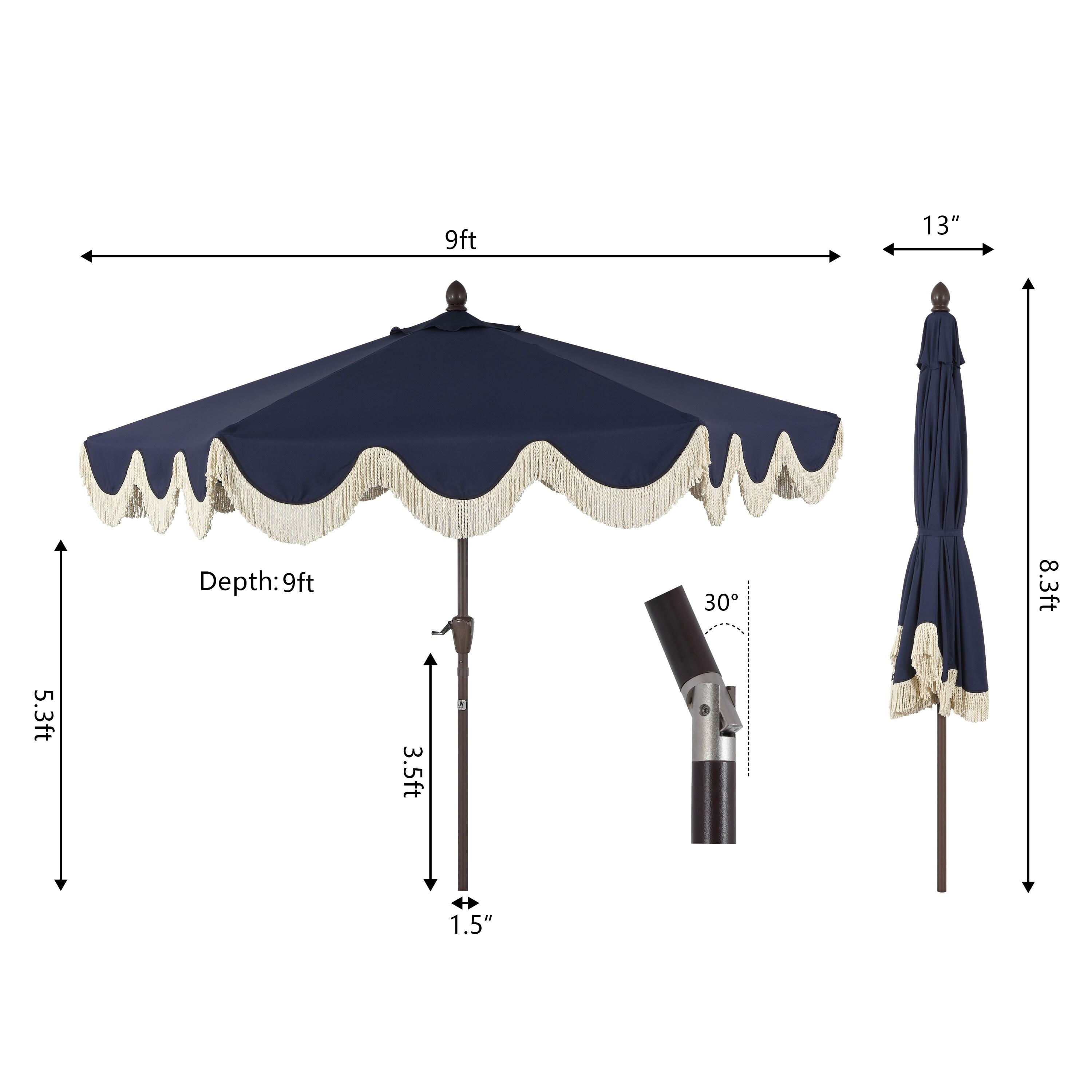 Arlmont & Co. Teretha 9 ft. Classic Cottage Tassel Market Patio Umbrella with Auto-Tilt, Crank, and UV Protection