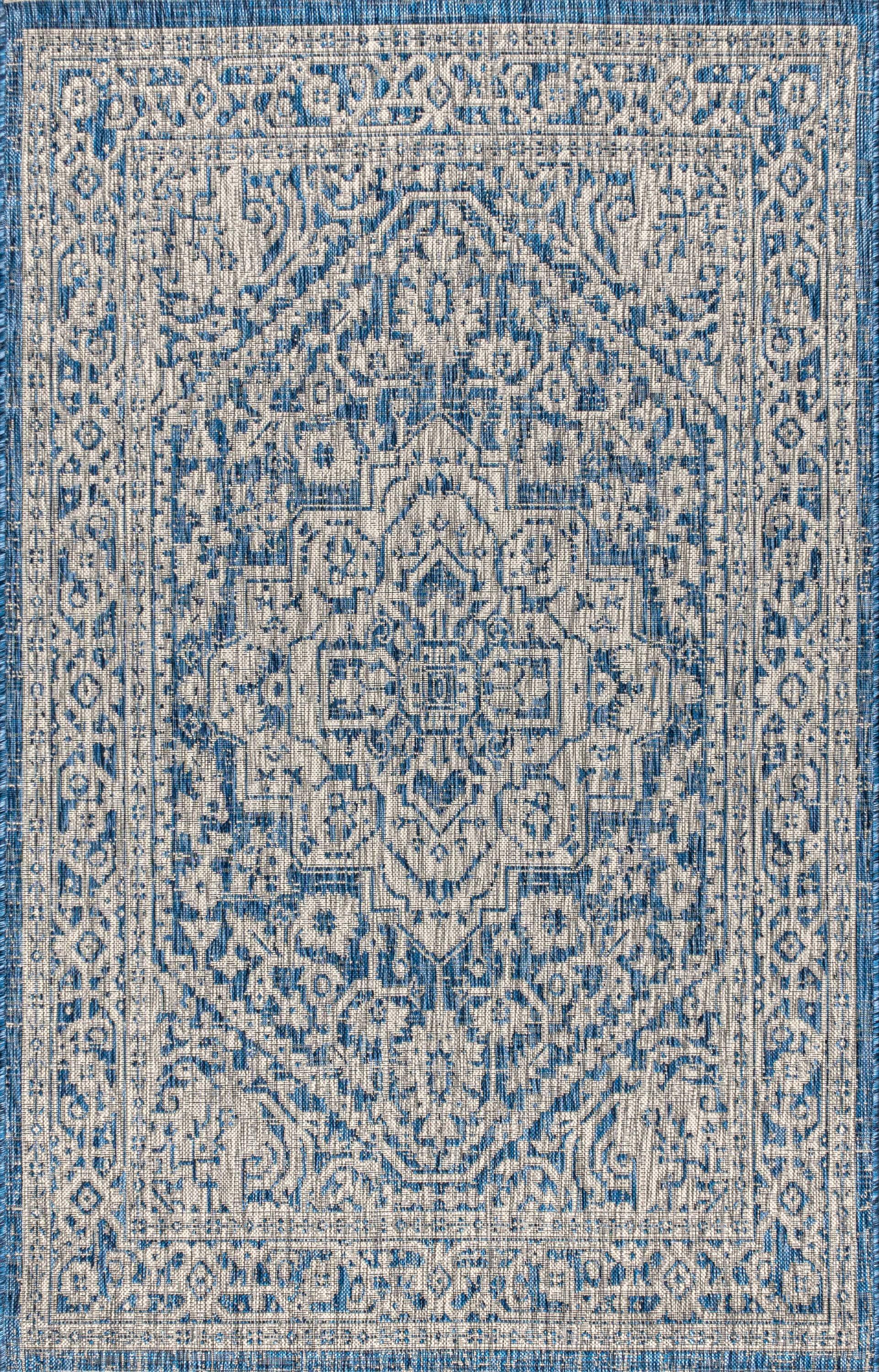 3'x5' Sinjuri Medallion Textured Weave Indoor/Outdoor Area Rug, Navy/Gray - JONATHAN Y