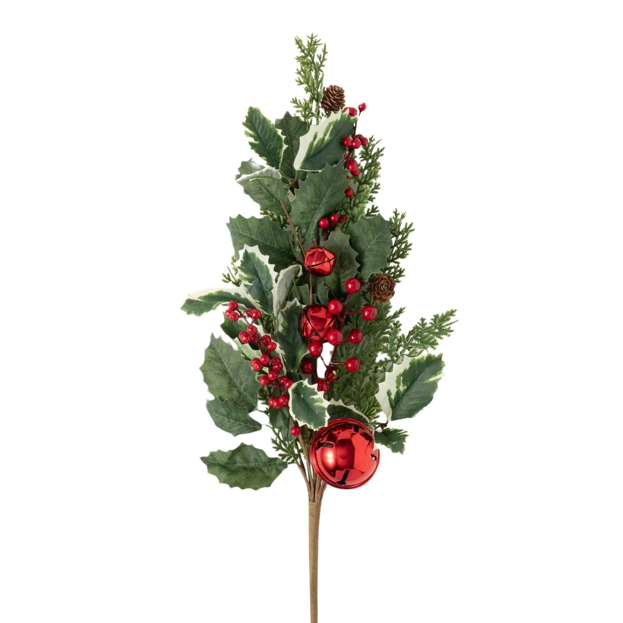 31"H Sullivans Artificial Christmas Jingle Bell Holly Pine Spray, Green-Red, Indoor Christmas Decor