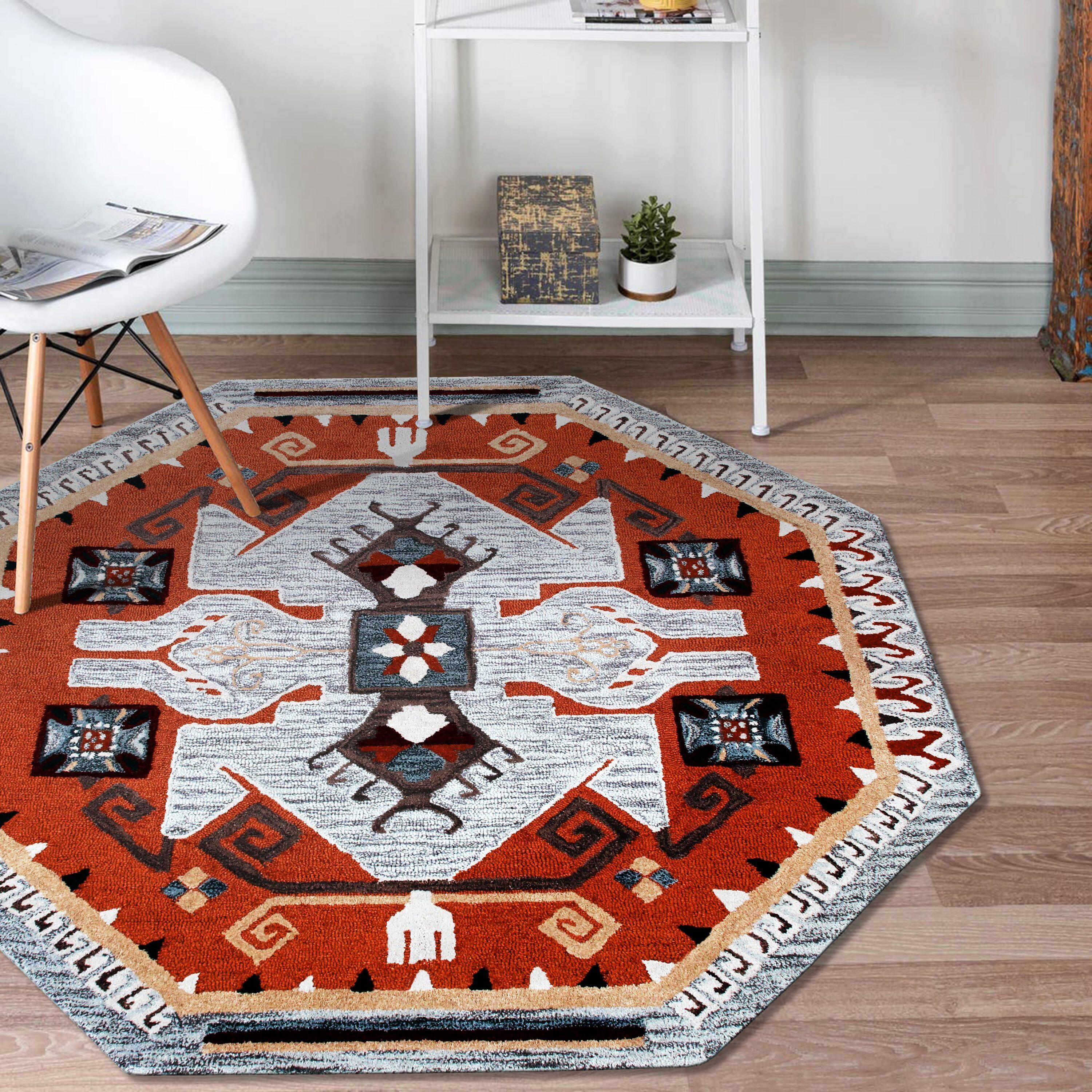 Ox Bay Terracotta Textile Southwestern Shape Rug, 4 ft. Octagon, Terracotta / Gray