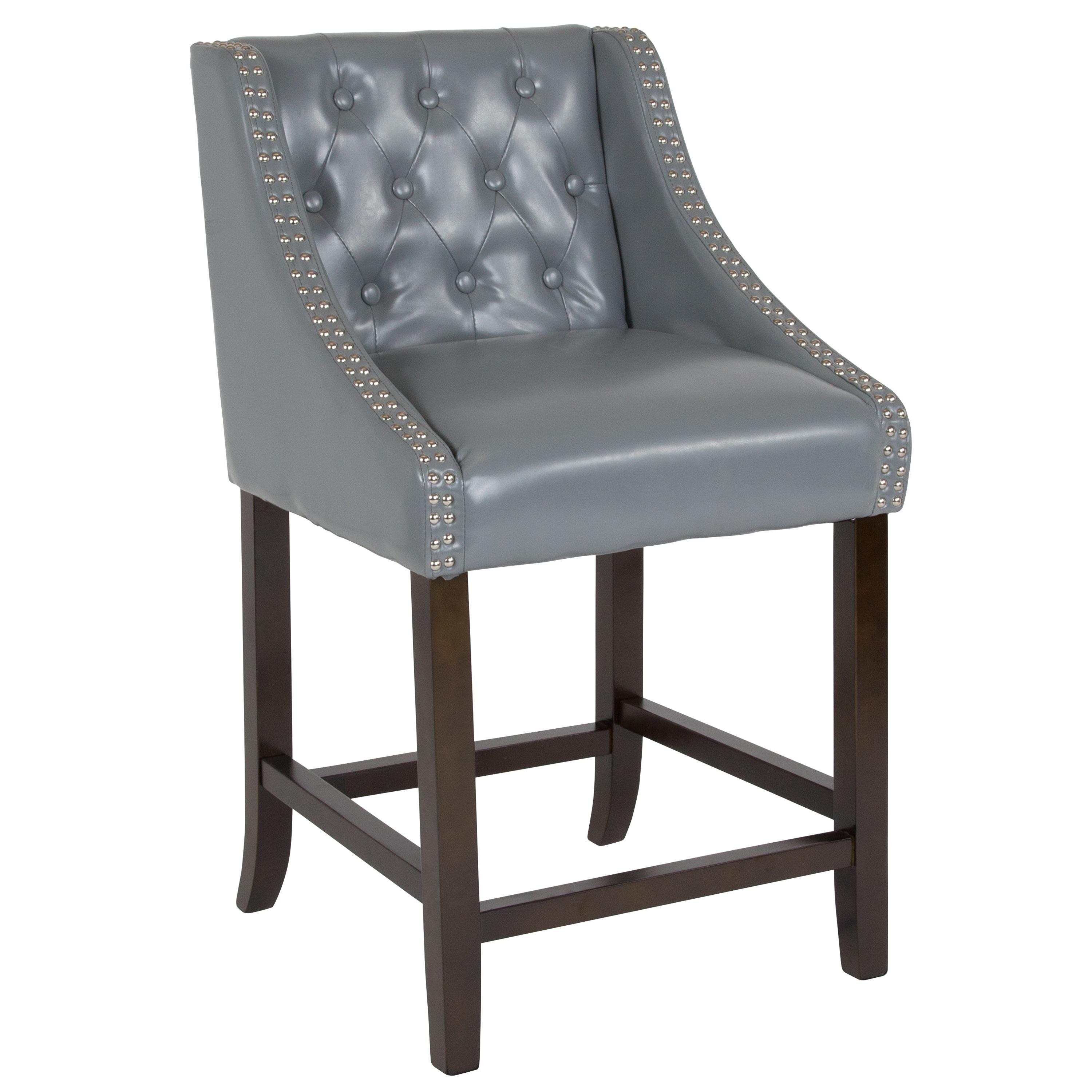 Flash Furniture Carmel Series 24" High Transitional Tufted Walnut Counter Height Stool with Accent Nail Trim in Light Gray LeatherSoft