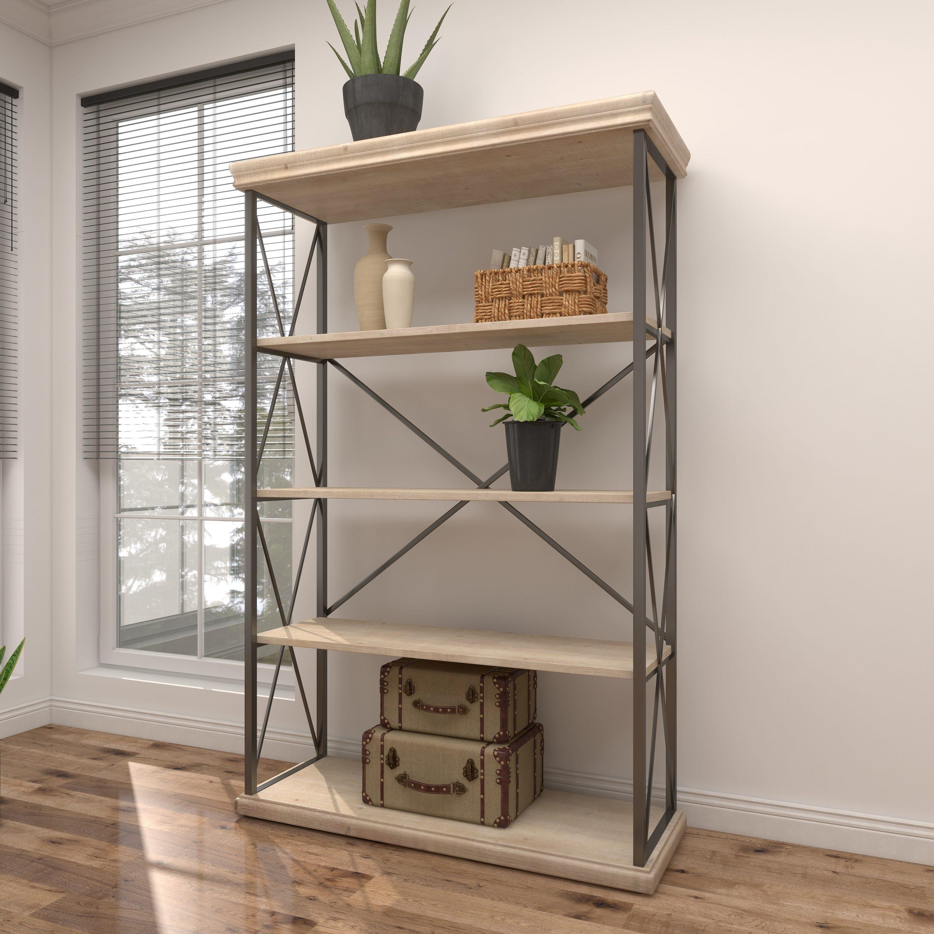 72" Farmhouse 4 Tier Shelf Brown - Olivia & May: Industrial Style Hardwood Bookcase with Storage Bins