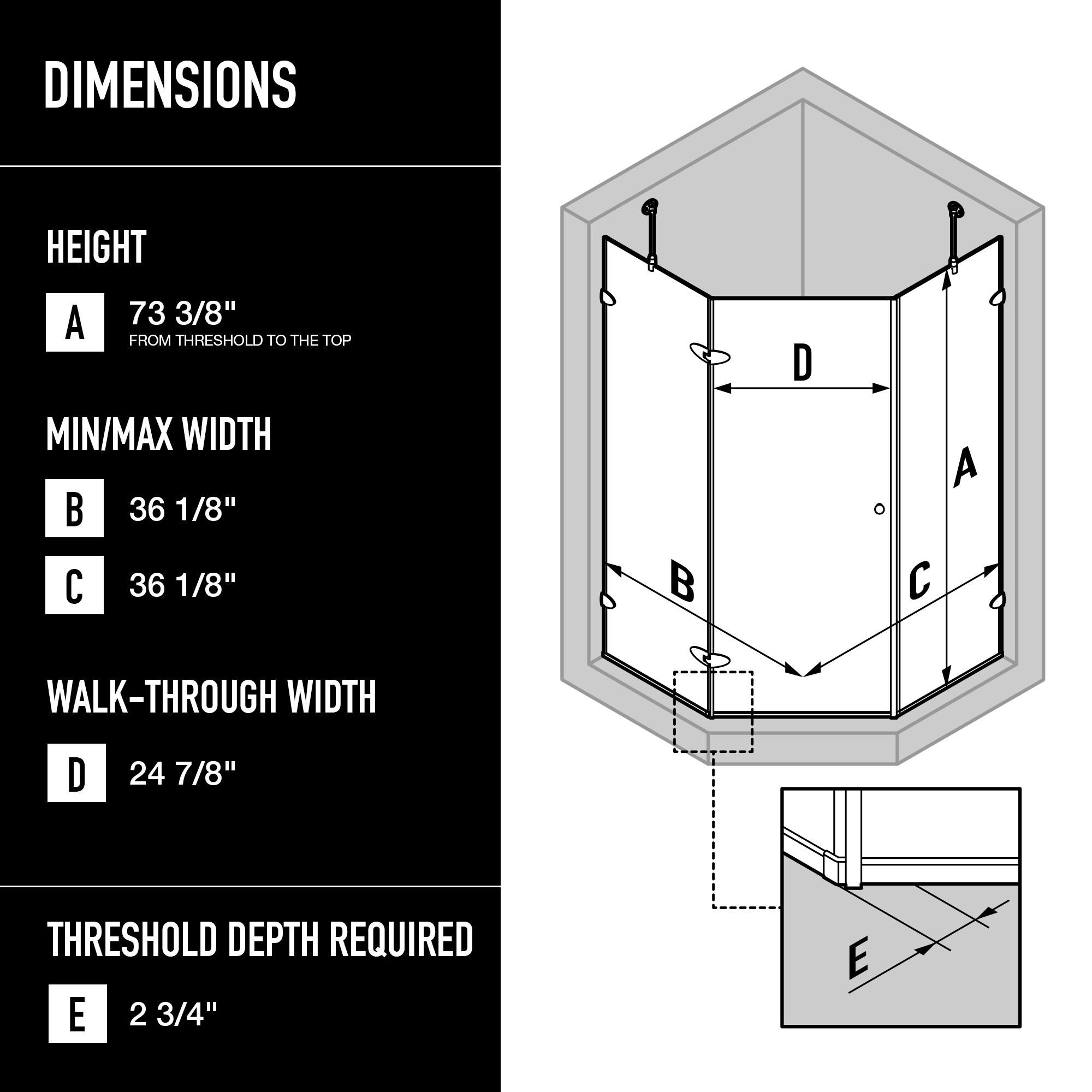 VIGO Verona 38" W x 38" D x 77" H Hinged Frameless Shower Enclosure with 3/8  Clear Glass&Base VG6061CHCL38WS