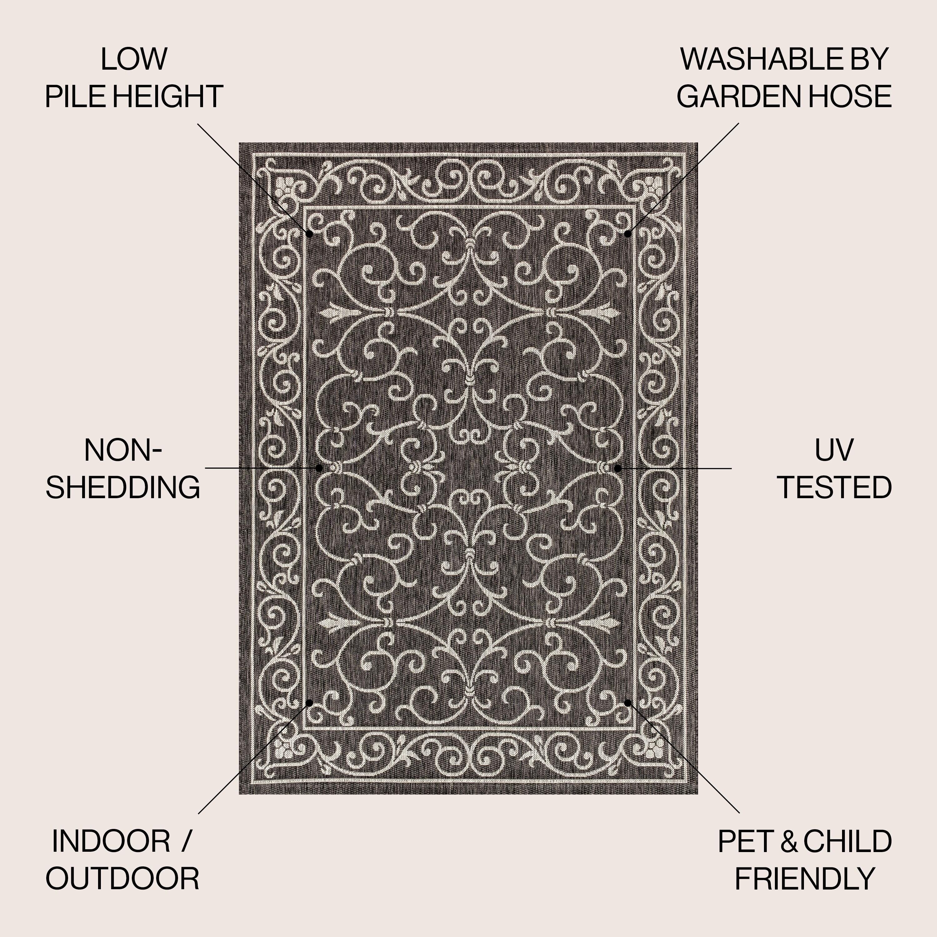 4'x6' Charleston Vintage Filigree Textured Weave Indoor/Outdoor Area Rug, Black/Gray - JONATHAN Y