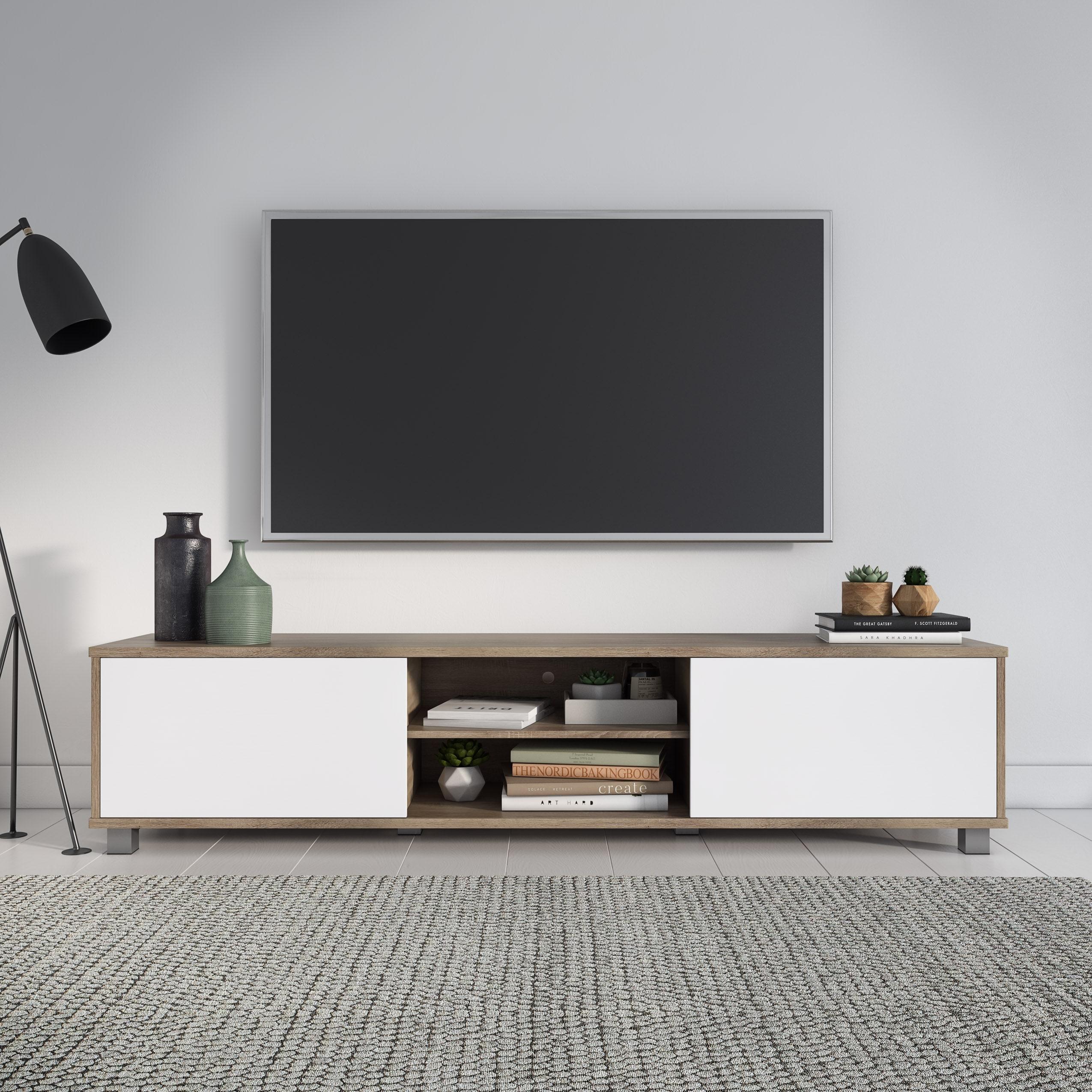 Hollywood TV Stand for TVs up to 85" with Doors Wood Grain White/Brown - CorLiving: Modern Media Console, Laminated MDF