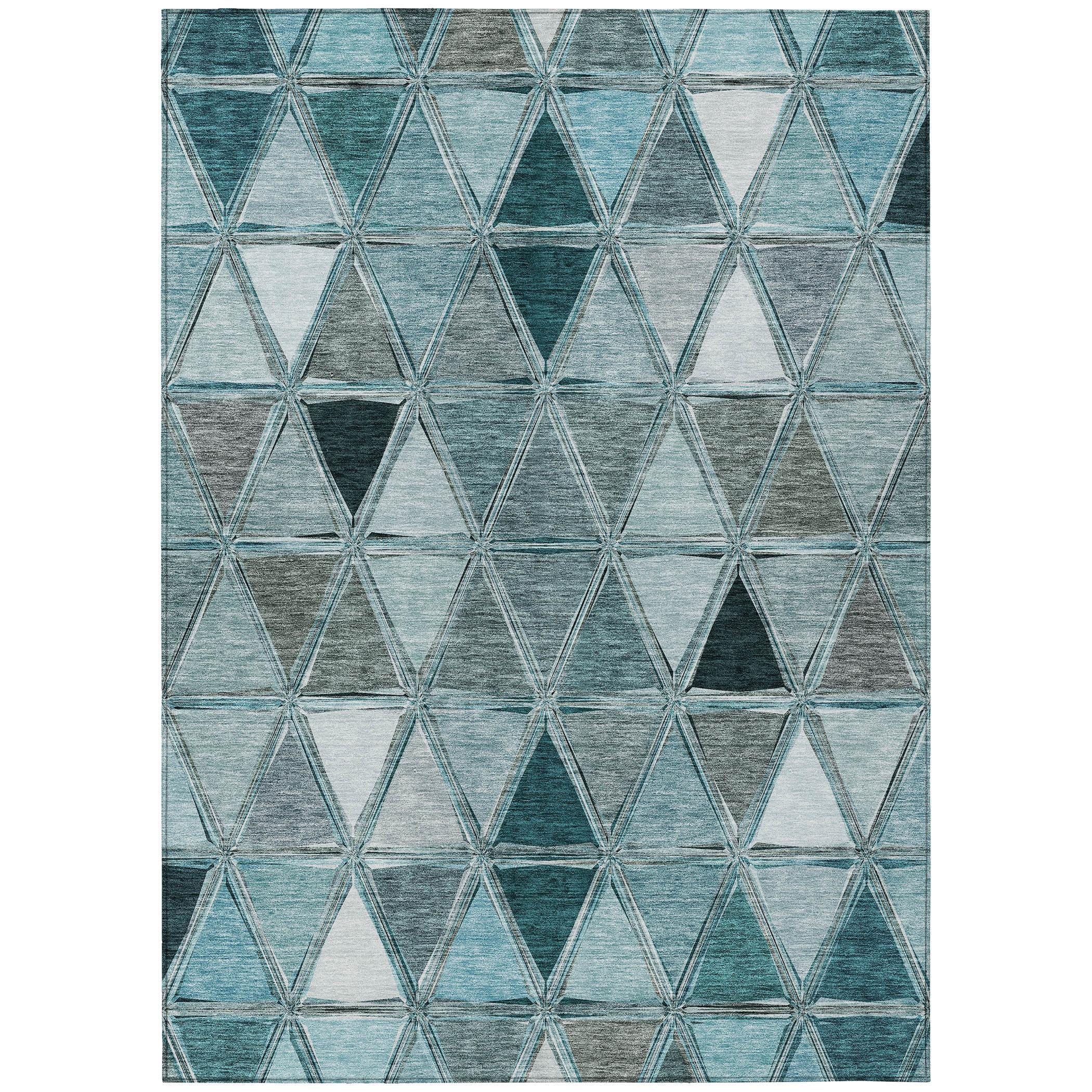 Teal Geometric Flat Woven Indoor Outdoor Washable Rug