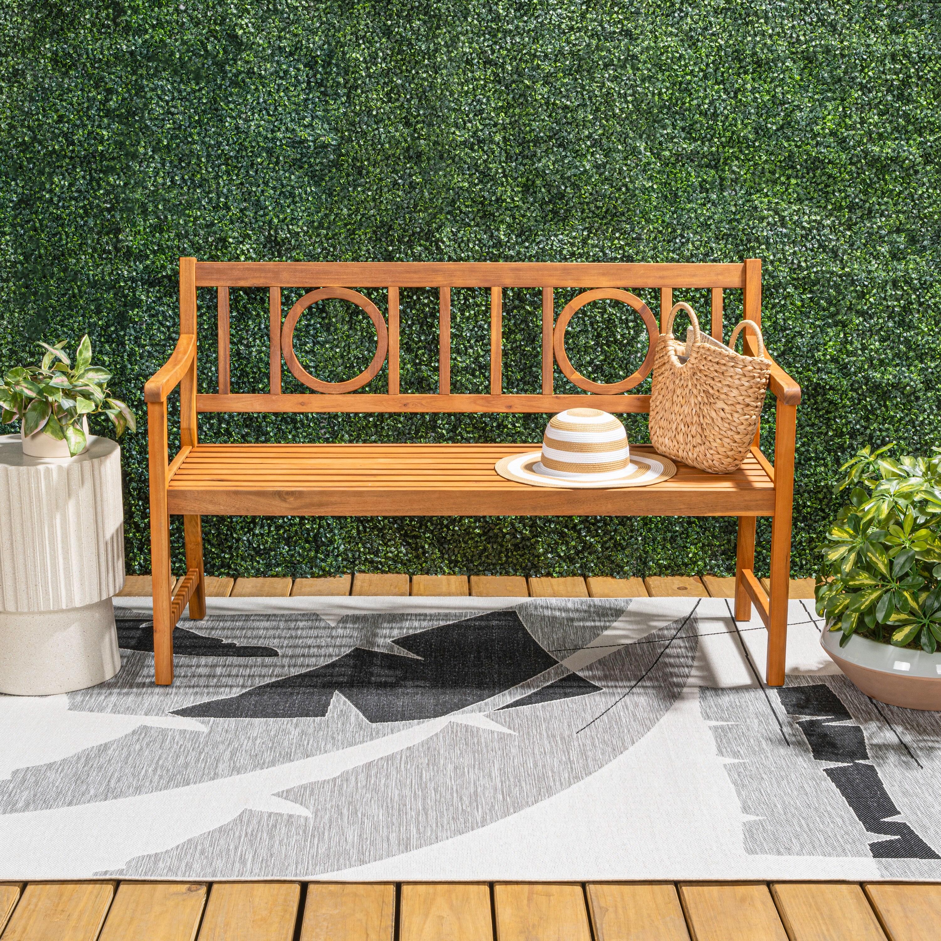 Apollo 3-Seat Circle-Back Acacia Wood Outdoor Garden Patio Bench, Teak - JONATHAN Y