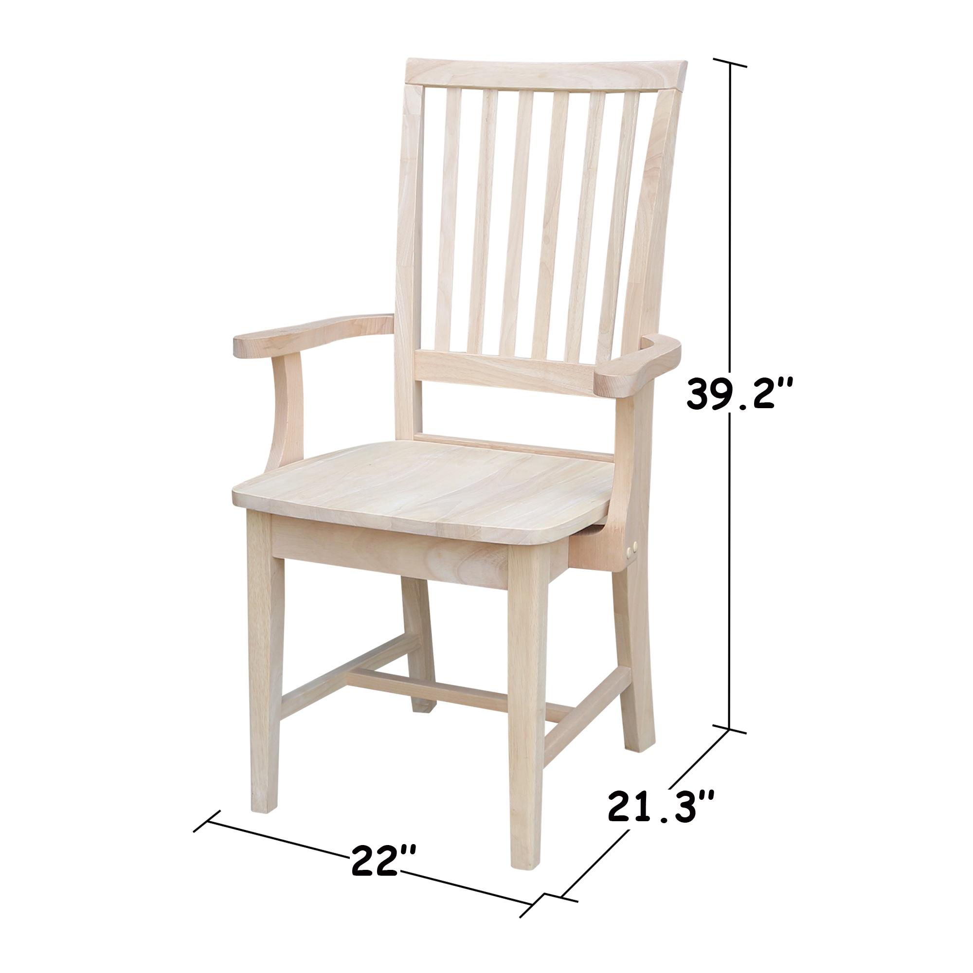 Mission Side Chair with Arms Unfinished - International Concepts: Solid Wood, Slat Back, Kitchen Furniture
