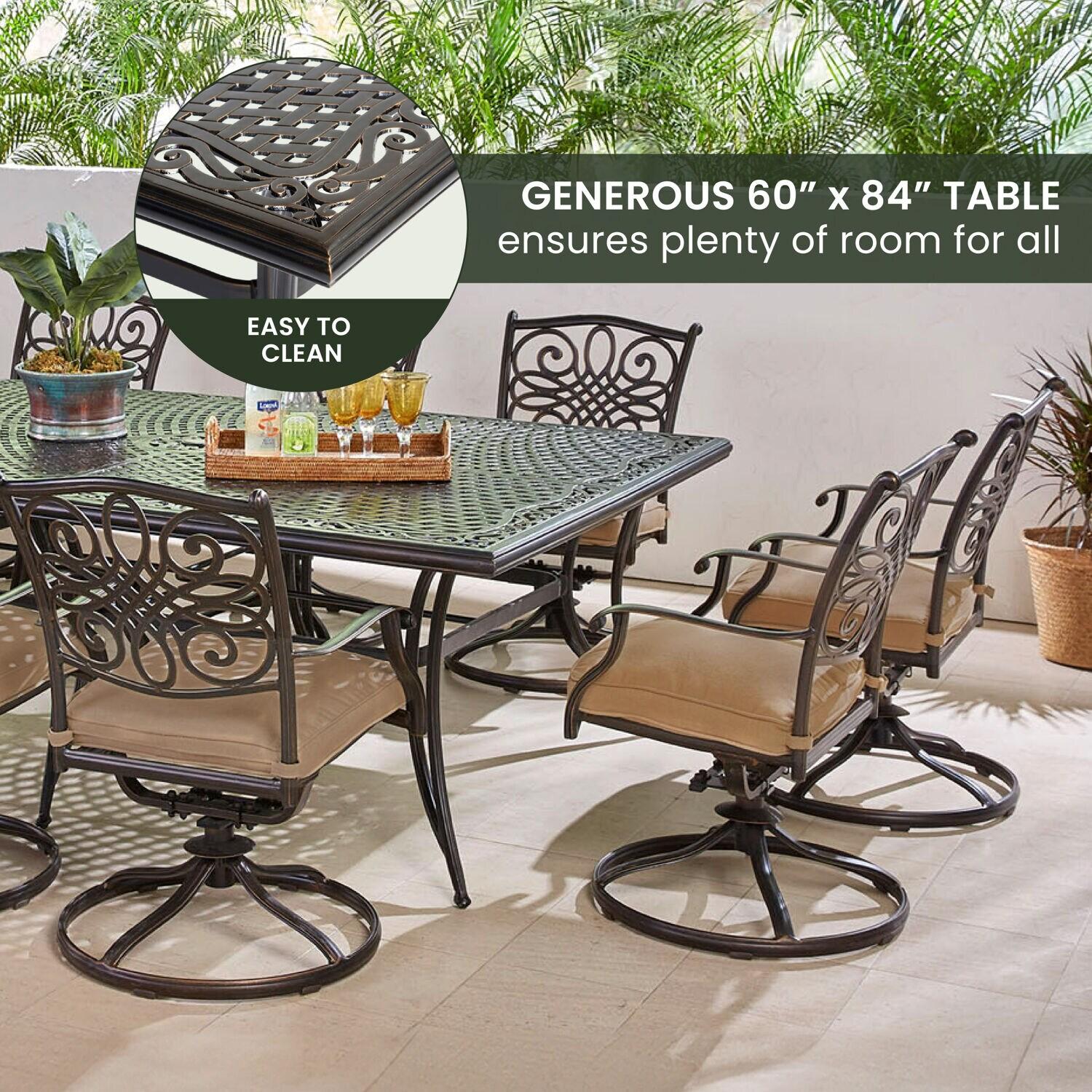 Hanover Traditions 11-Piece Outdoor Patio Dining Set with Tan Cushions, 10 Swivel Rockers and Aluminum Rectangular Dining Table, TRADDN11PCSW10