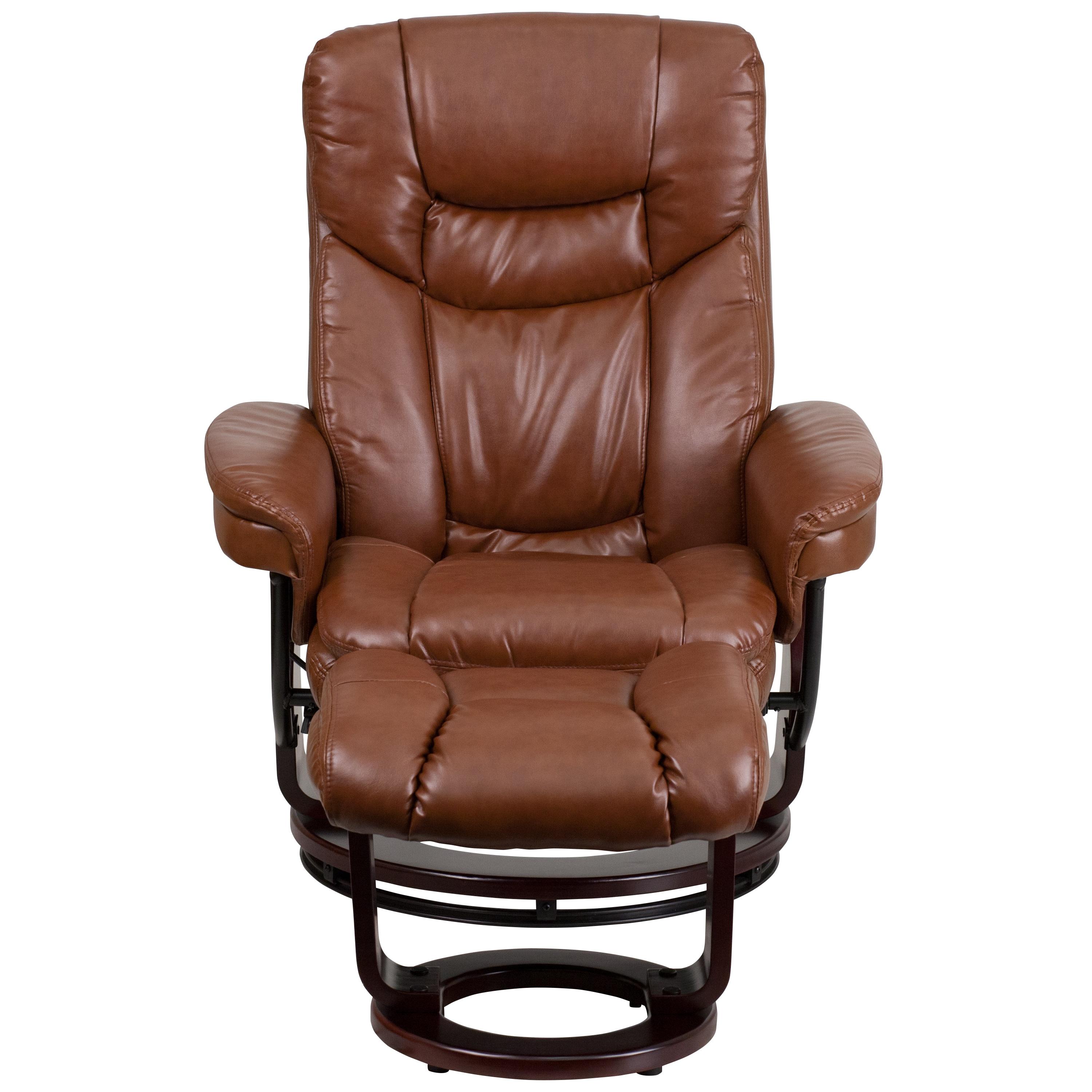 Flash Furniture Contemporary Multi-Position Recliner and Curved Ottoman with Swivel Mahogany Wood Base in Brown Vintage LeatherSoft