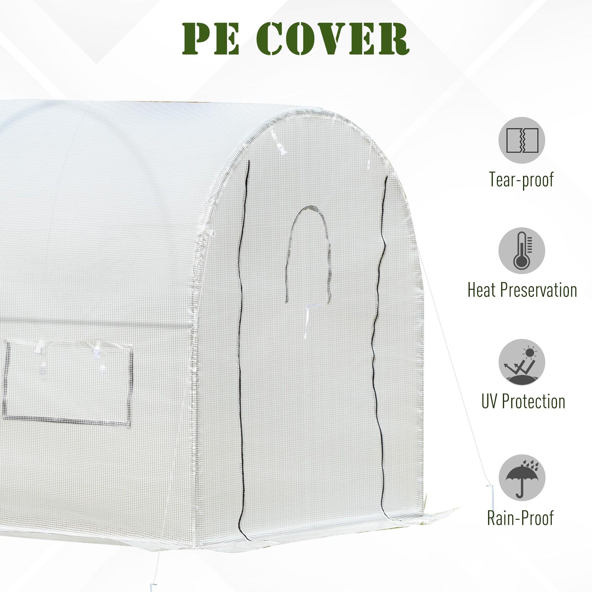 Outsunny 9.6' x 6.5' x 6.2' Walk-In PE Greenhouse with 2 Roll-up Zipper Doors & 6 Roll-up Windows for Plants, White