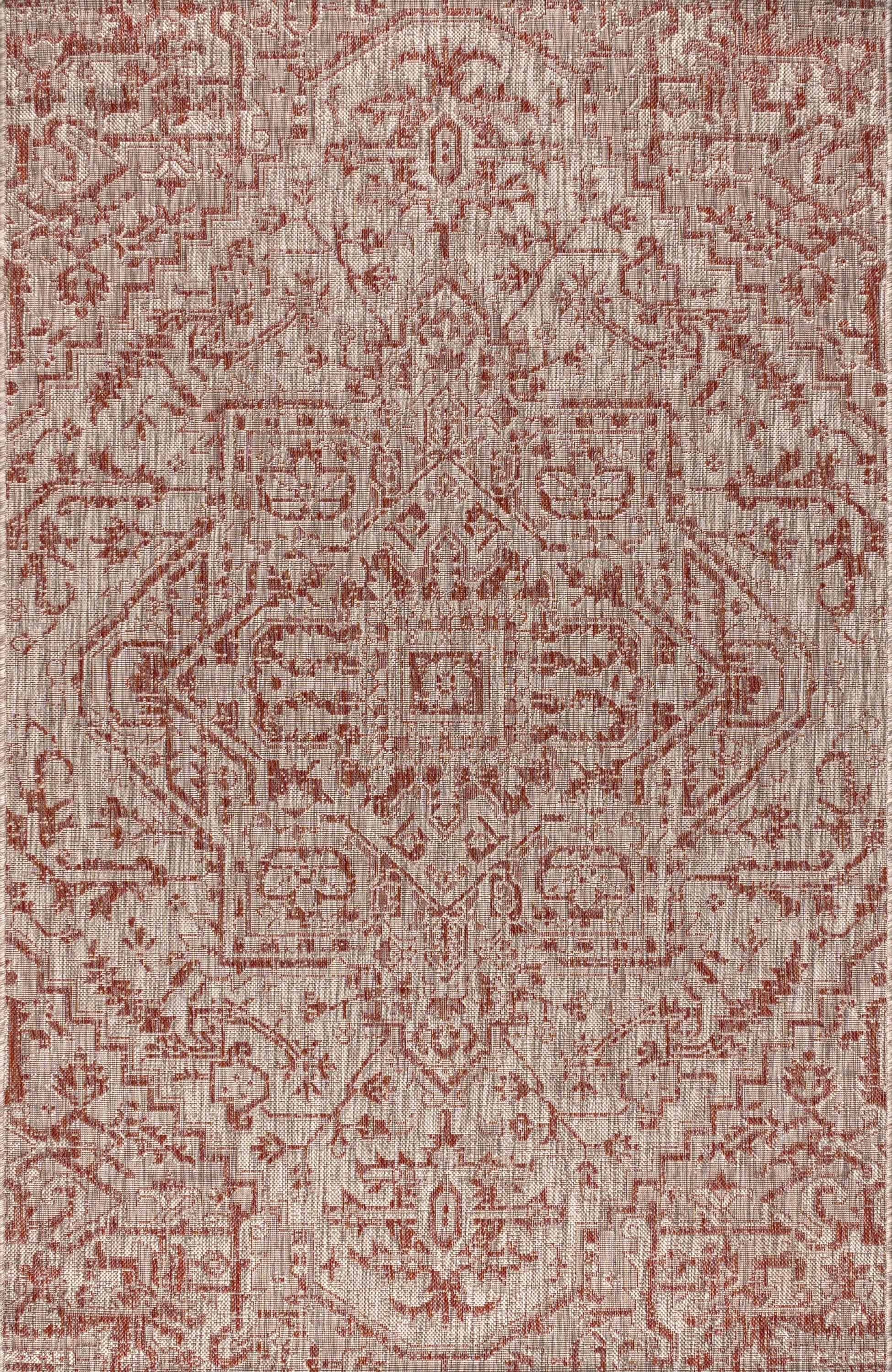 8'x10' Estrella Bohemian Medallion Textured Weave Indoor/Outdoor Area Rug, Red/Taupe - JONATHAN Y
