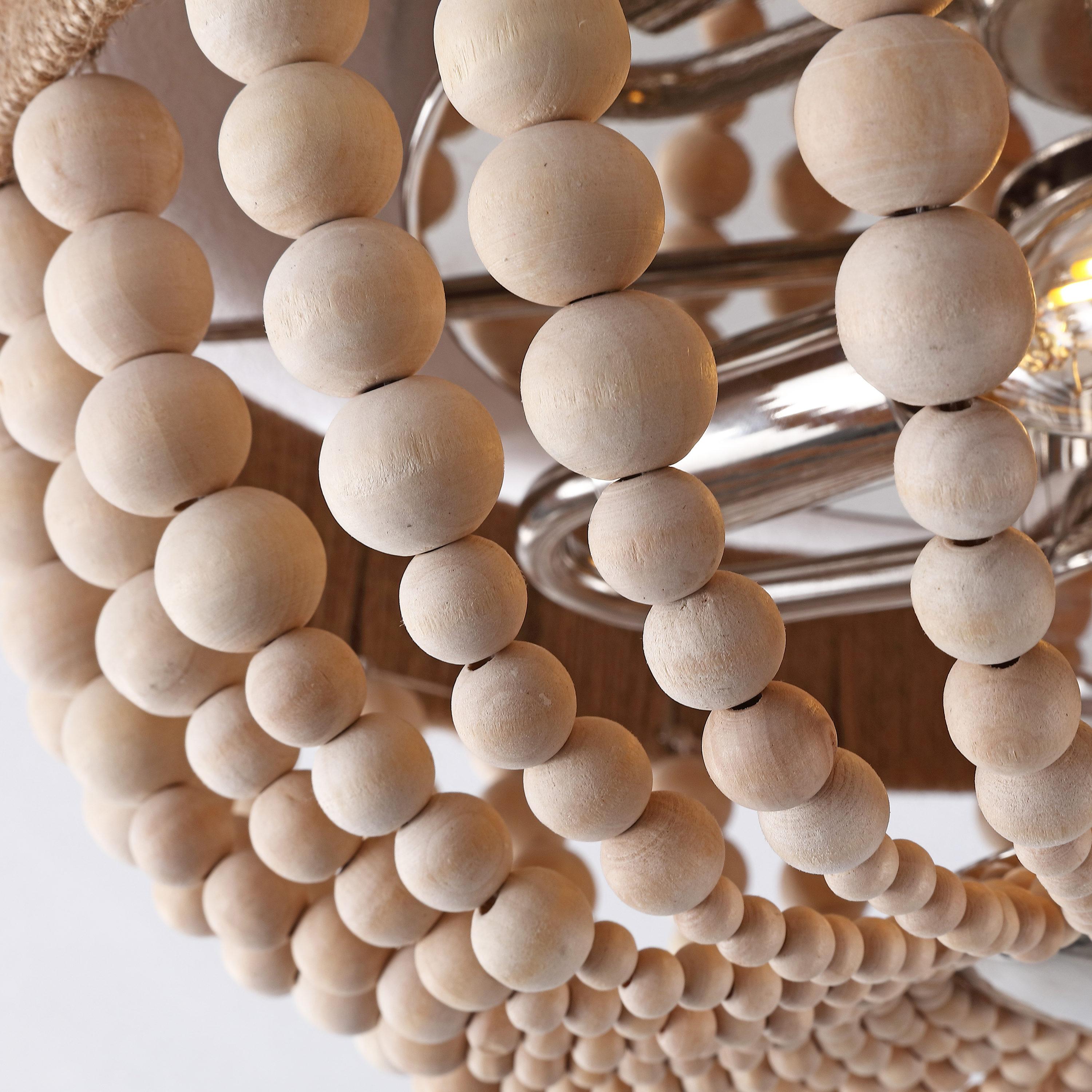 JONATHAN Y Justina Wood Bead 14" 2-Light Farmhouse Bohemian Iron LED Flush Mount, Light Taupe/Chrome, JYL1307A