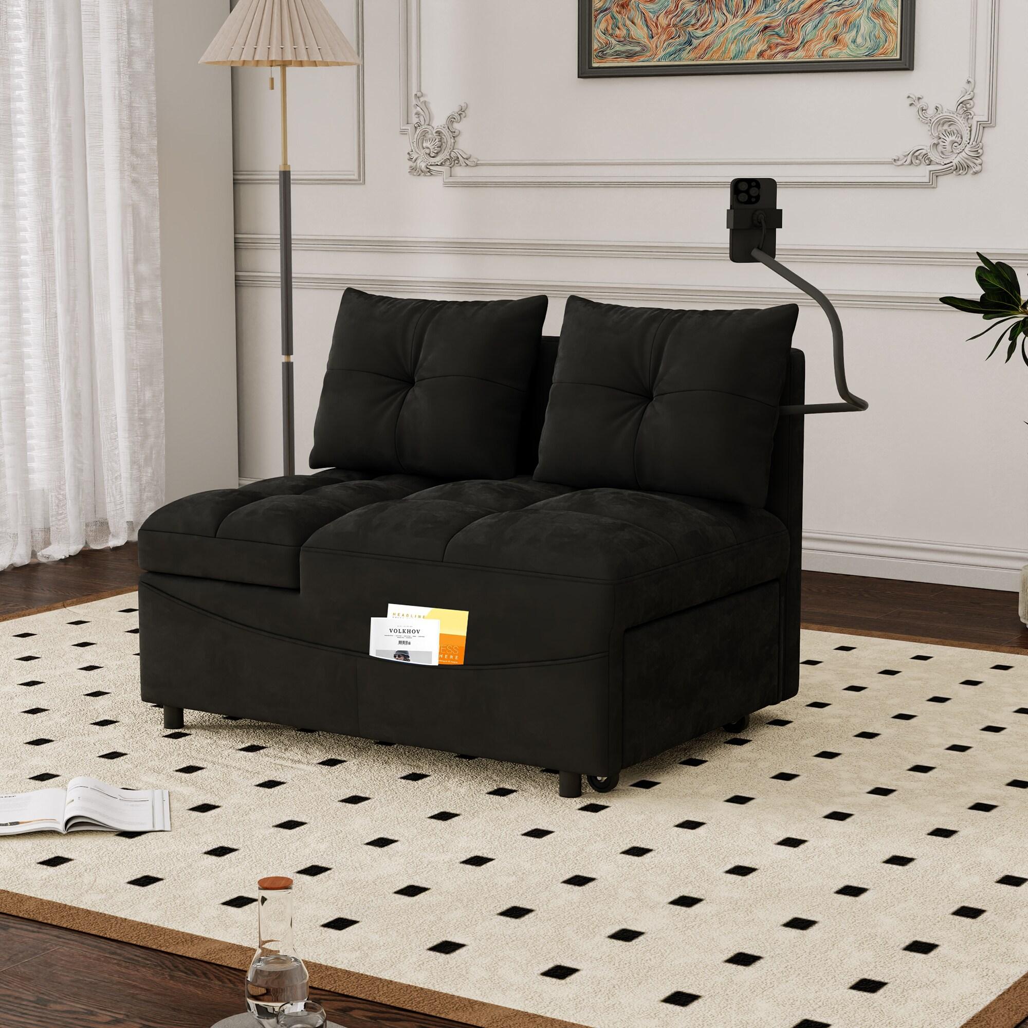 68.3" Gray Velvet Nailhead Sleeper Sofa with Throw Pillow
