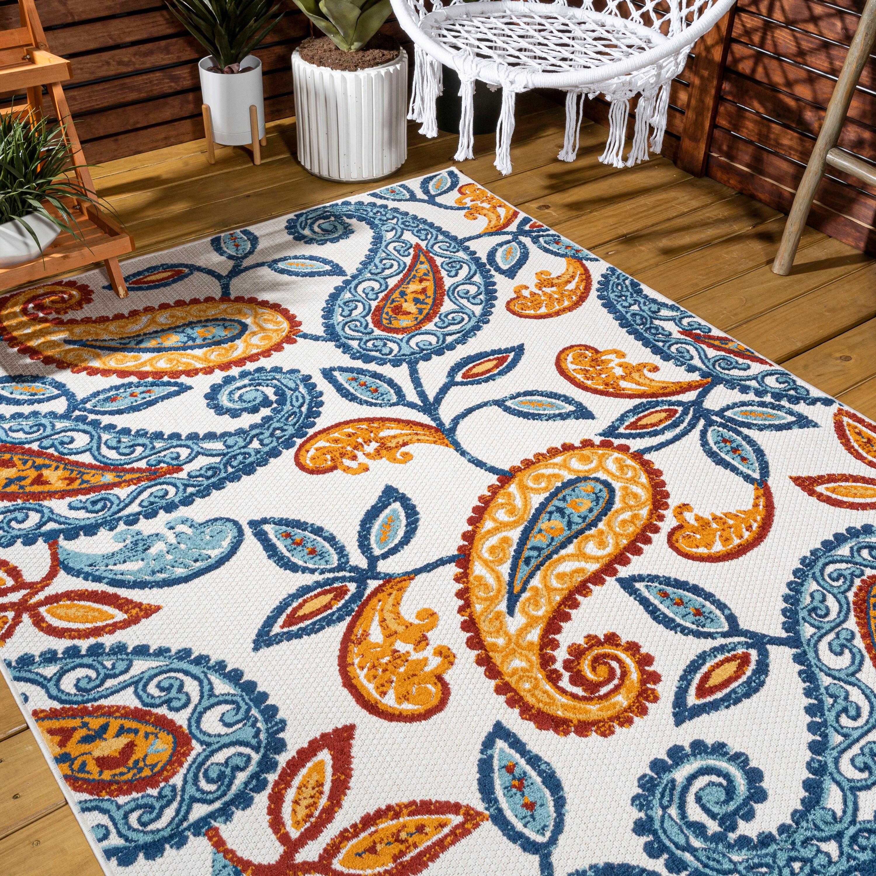 5'x8' Julien Paisley High-Low Indoor/Outdoor Area Rug, Orange/Blue - JONATHAN Y