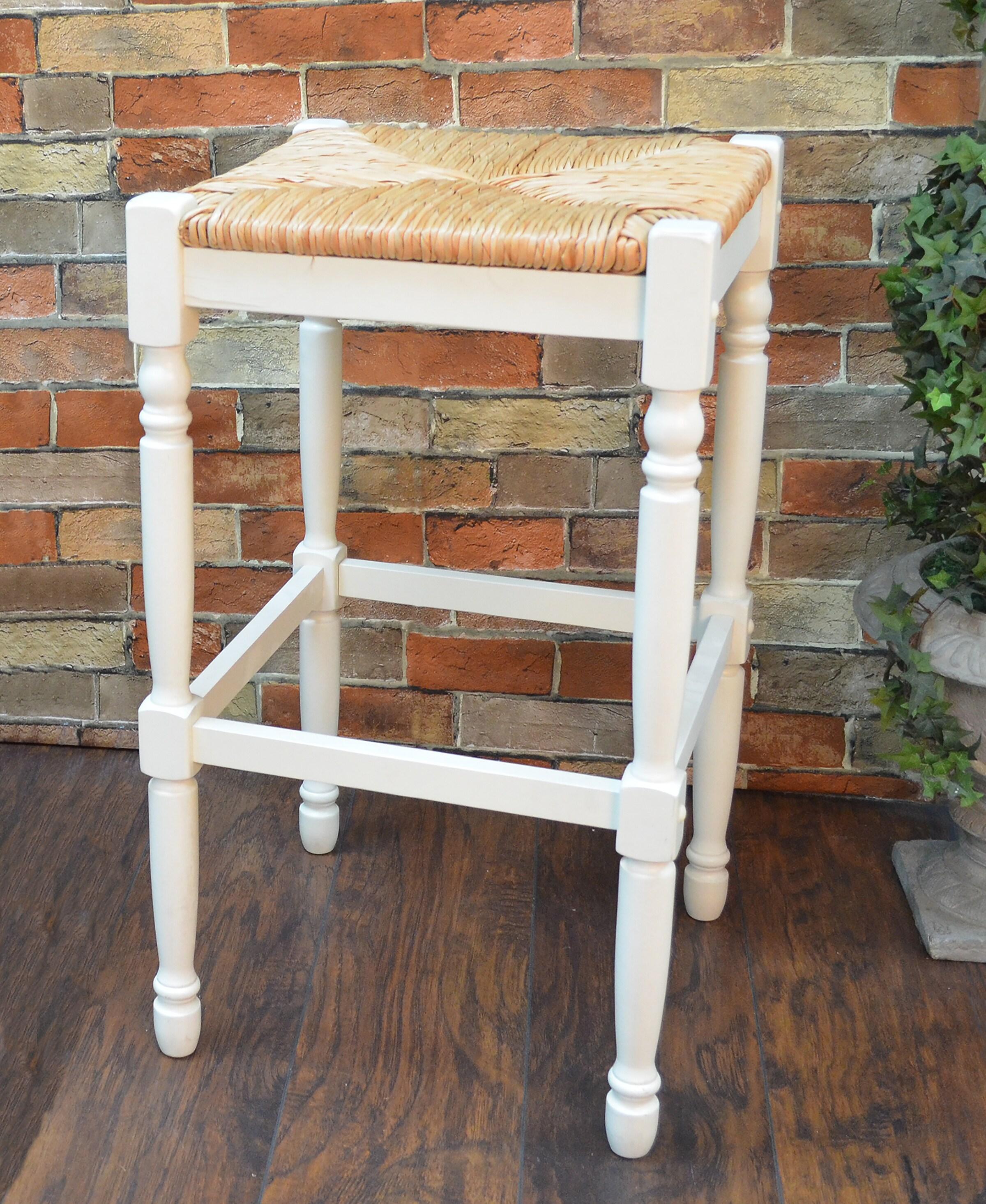 Carolina Cottage Hawthorne 24" Counter Stool with Woven Rush Seat - Vintage Hardwood Legs, Hand Finish Backless Stool (Antique White)