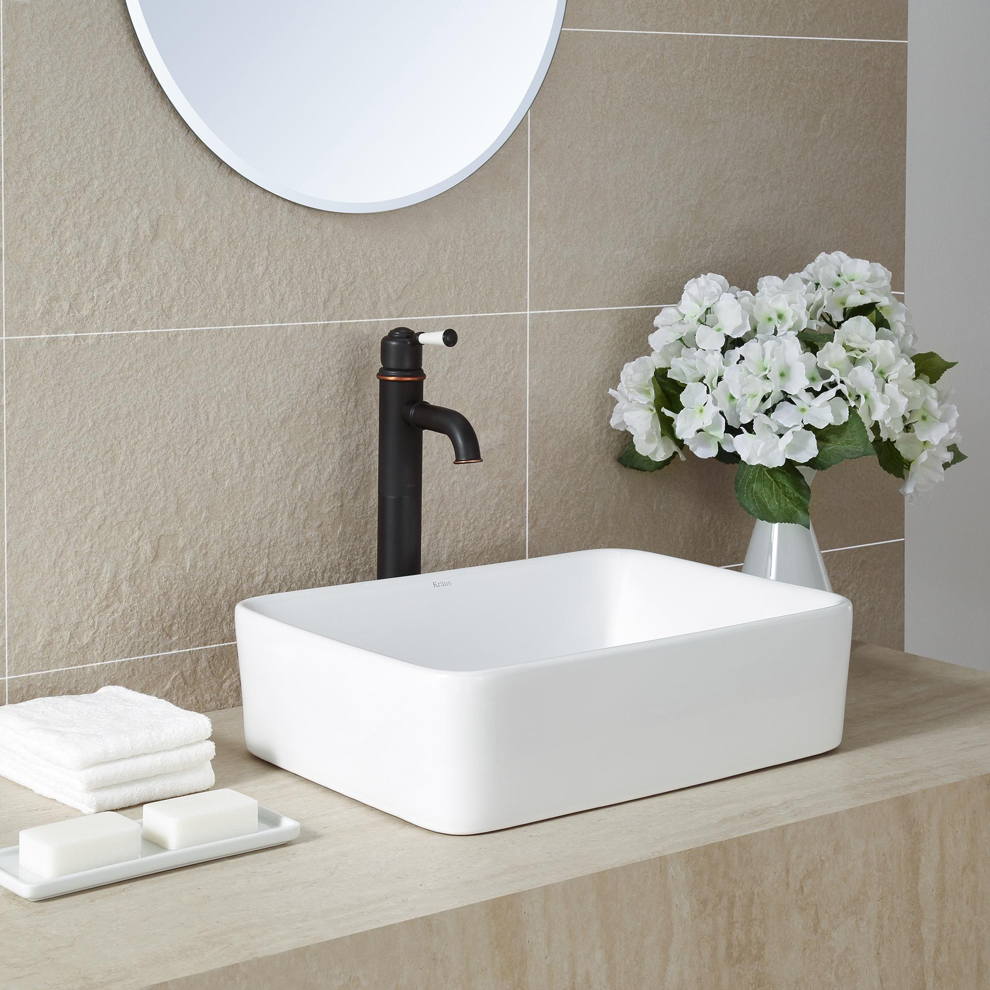 KRAUS Rectangular Ceramic Vessel Bathroom Sink in White with Pop-Up Drain in Oil Rubbed Bronze