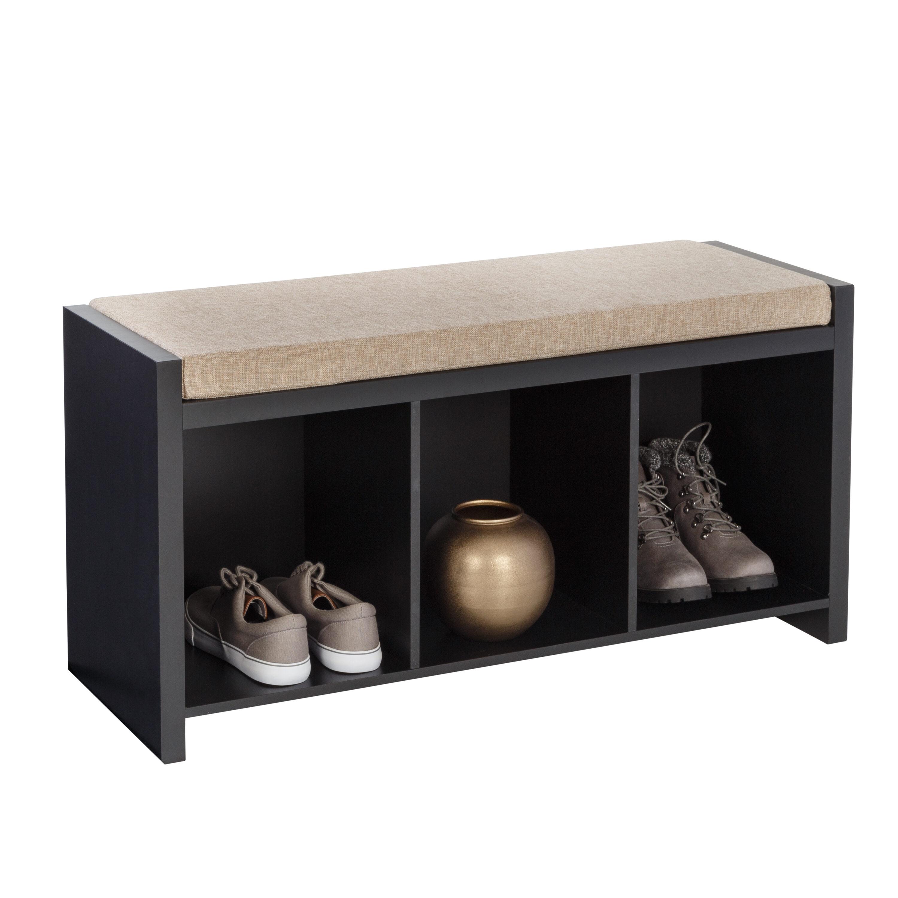 Honey-Can-Do Wood 3-Cubby Shoe Storage Organizer Bench with Cushion, Black/Tan