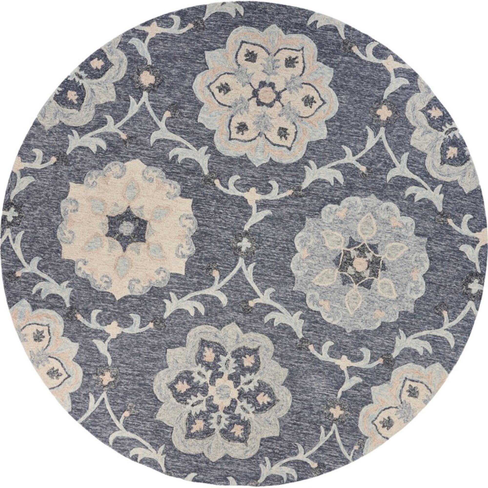LR Home Aiden 4'10" Round Blue and Gray Floral Wool Indoor Area Rug