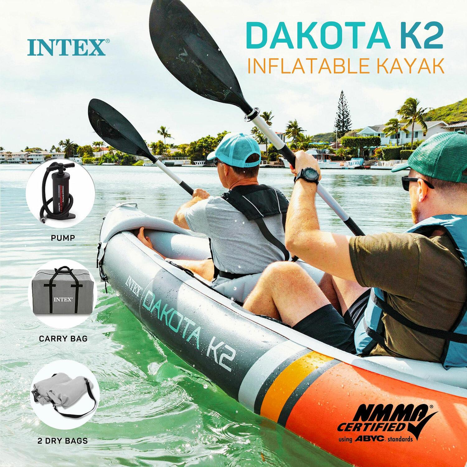 Intex Dakota K2 2 Person Inflatable Vinyl Kayak and Accessory Kit with 86 Inch Oars, Air Pump, and Carry Bag for Lakes and Rivers, Gray and Red