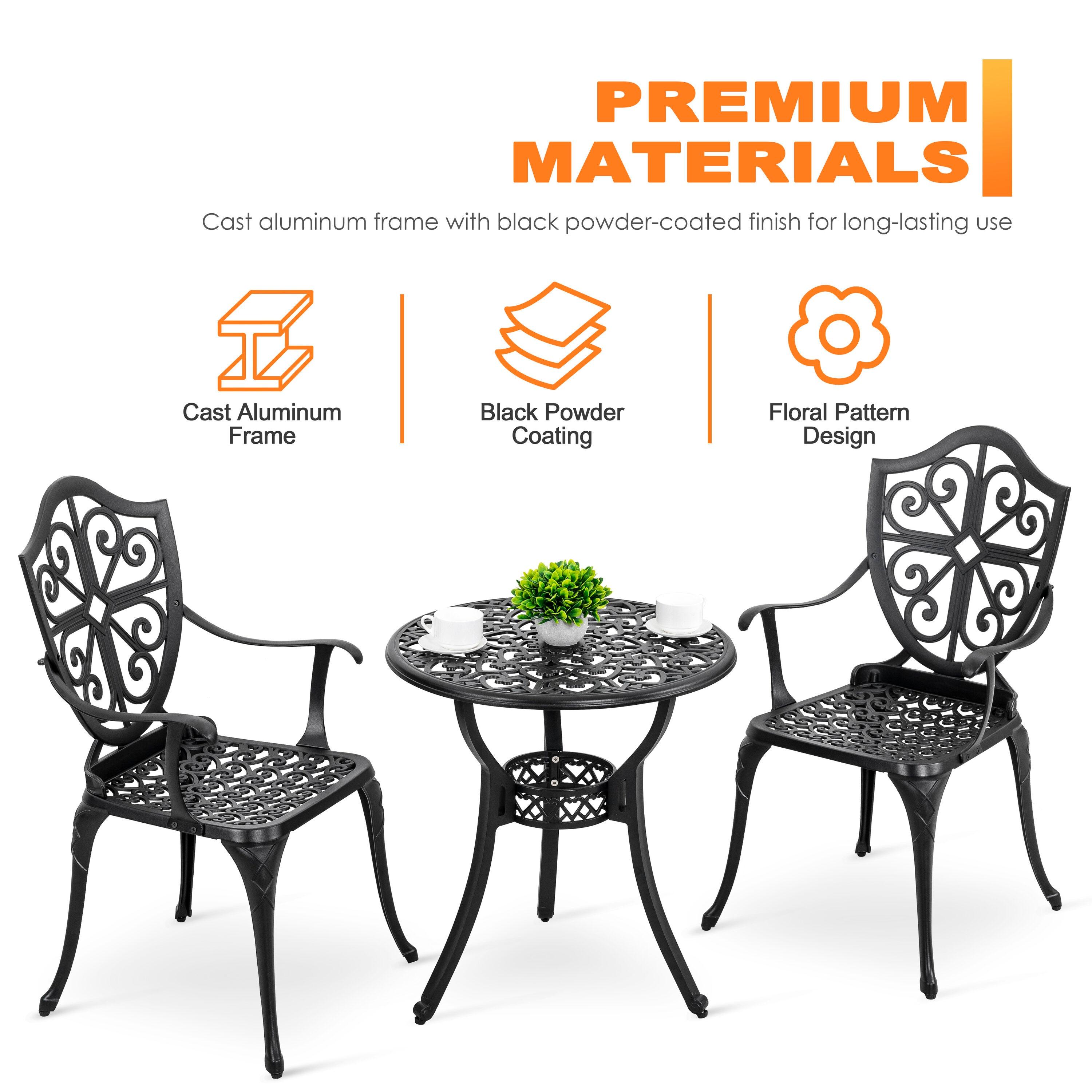 Black Cast Aluminum 3-Piece Outdoor Bistro Set with Floral Design