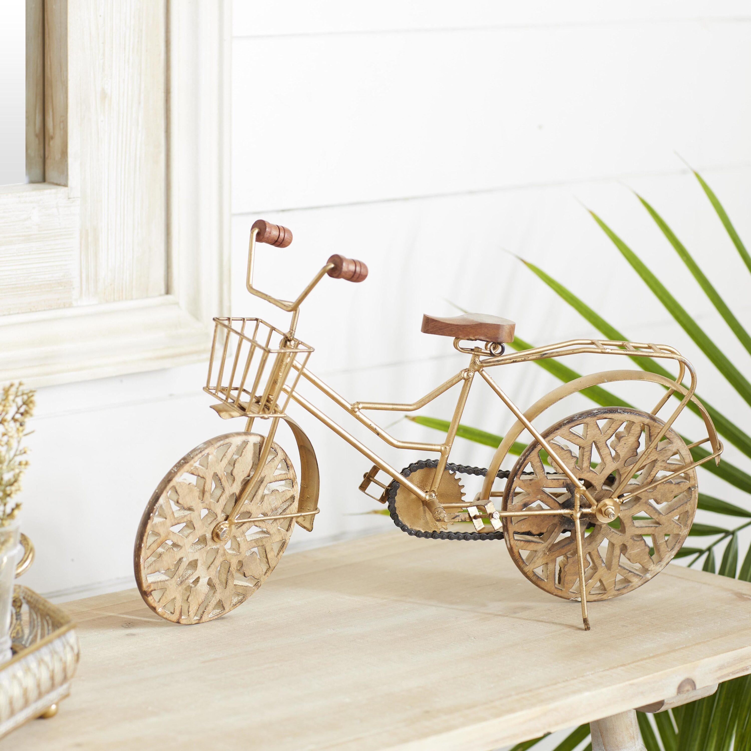 19" x 12" Gold Metal Bike Sculpture with Carved Wood Wheels, by DecMode