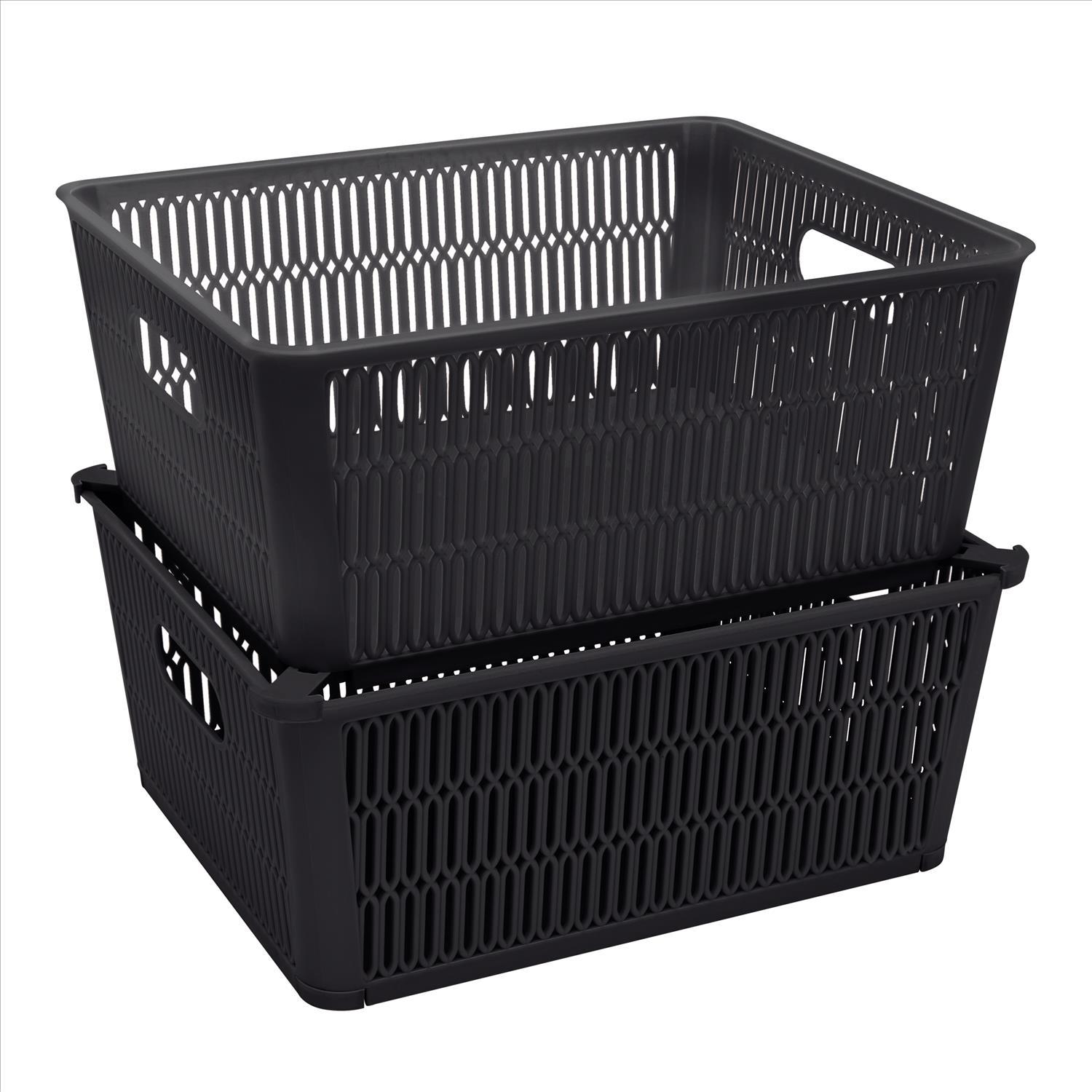 Simplify Slide 2 Stack It 2 Pack Plastic Storage Tote Baskets in Black