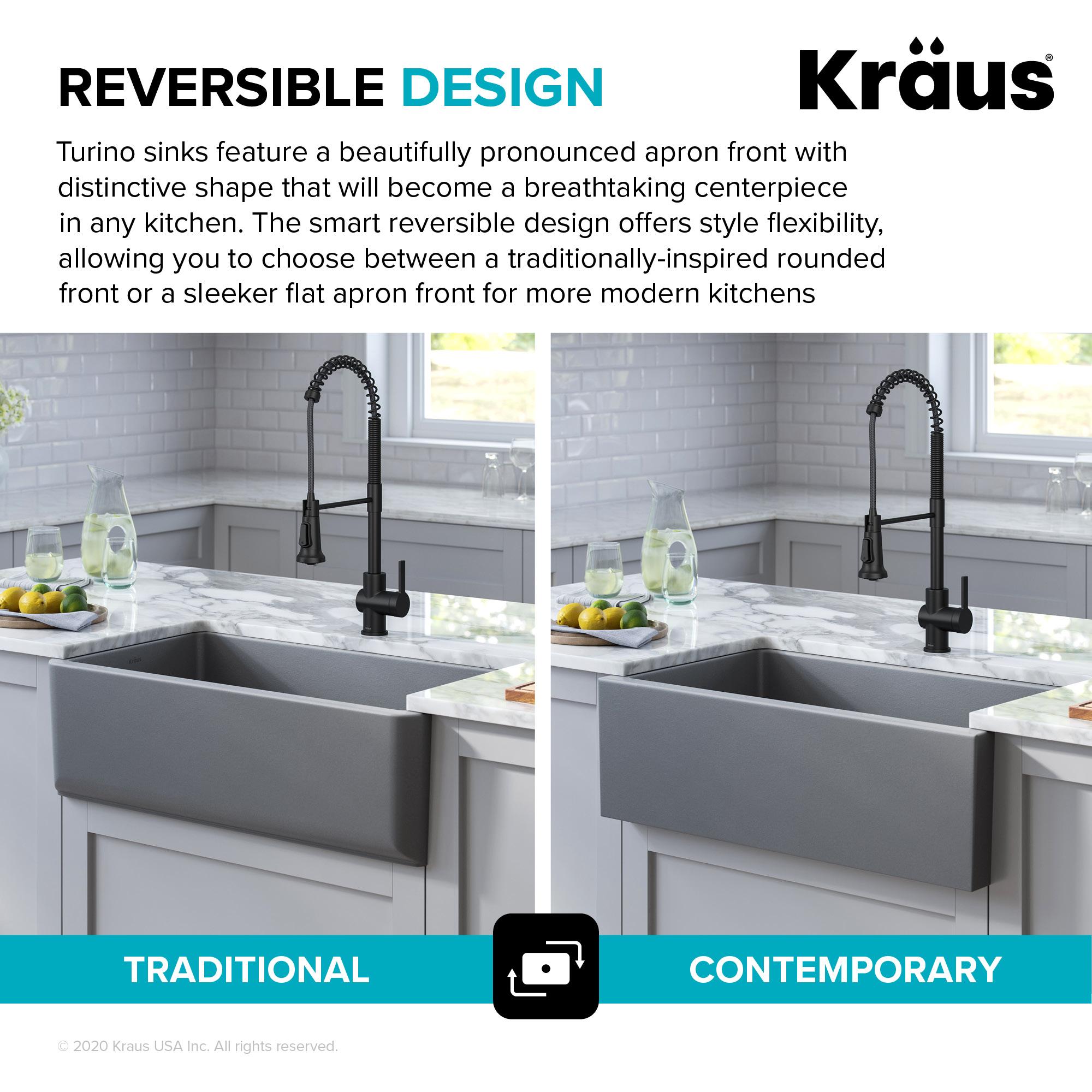 KRAUS Turino™ 33" L Farmhouse Reversible Apron Front Fireclay Single Bowl Kitchen Sink