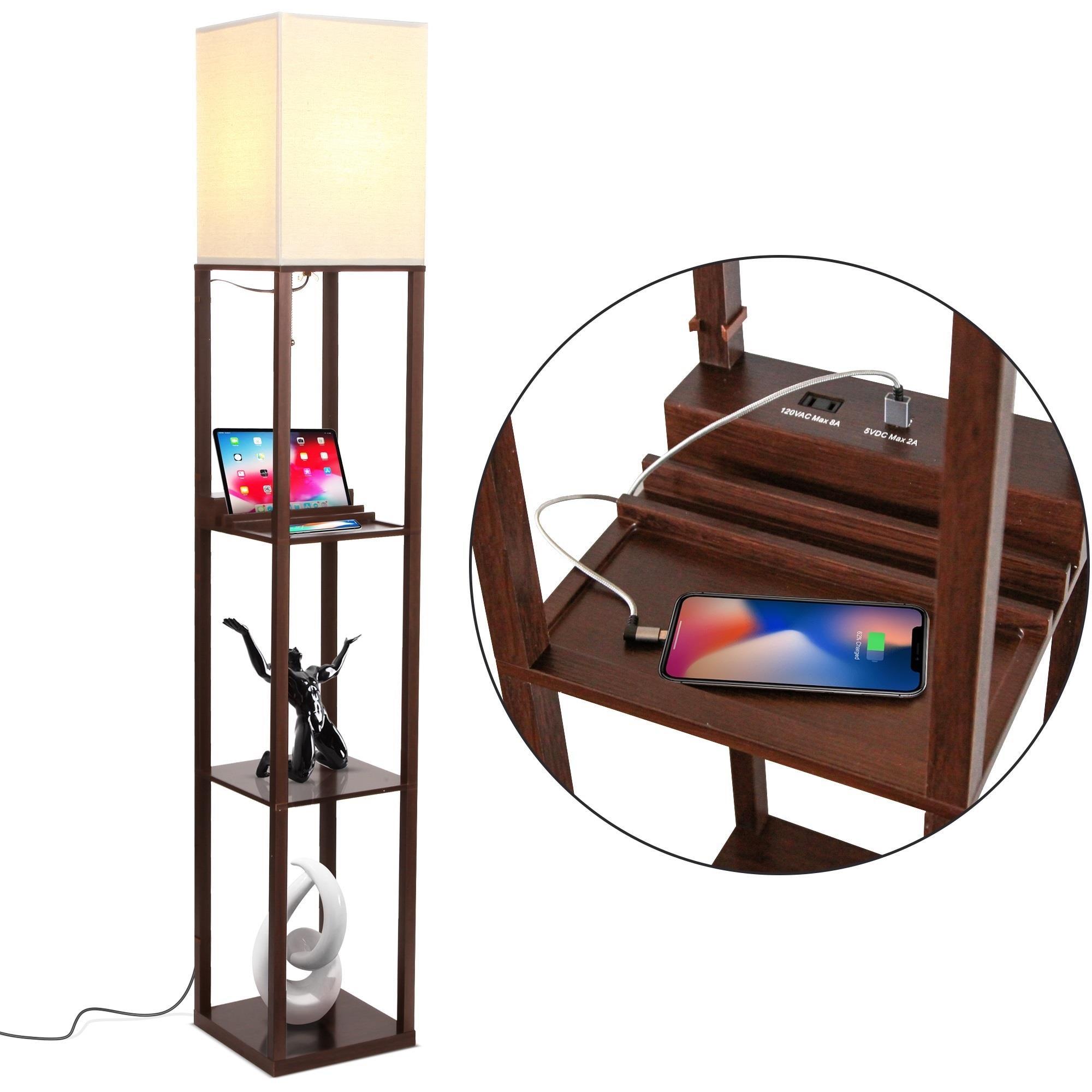 Maxwell 63 in. USB Charging LED 3-Shelf Floor Lamp with Beige Fabric Square Shade