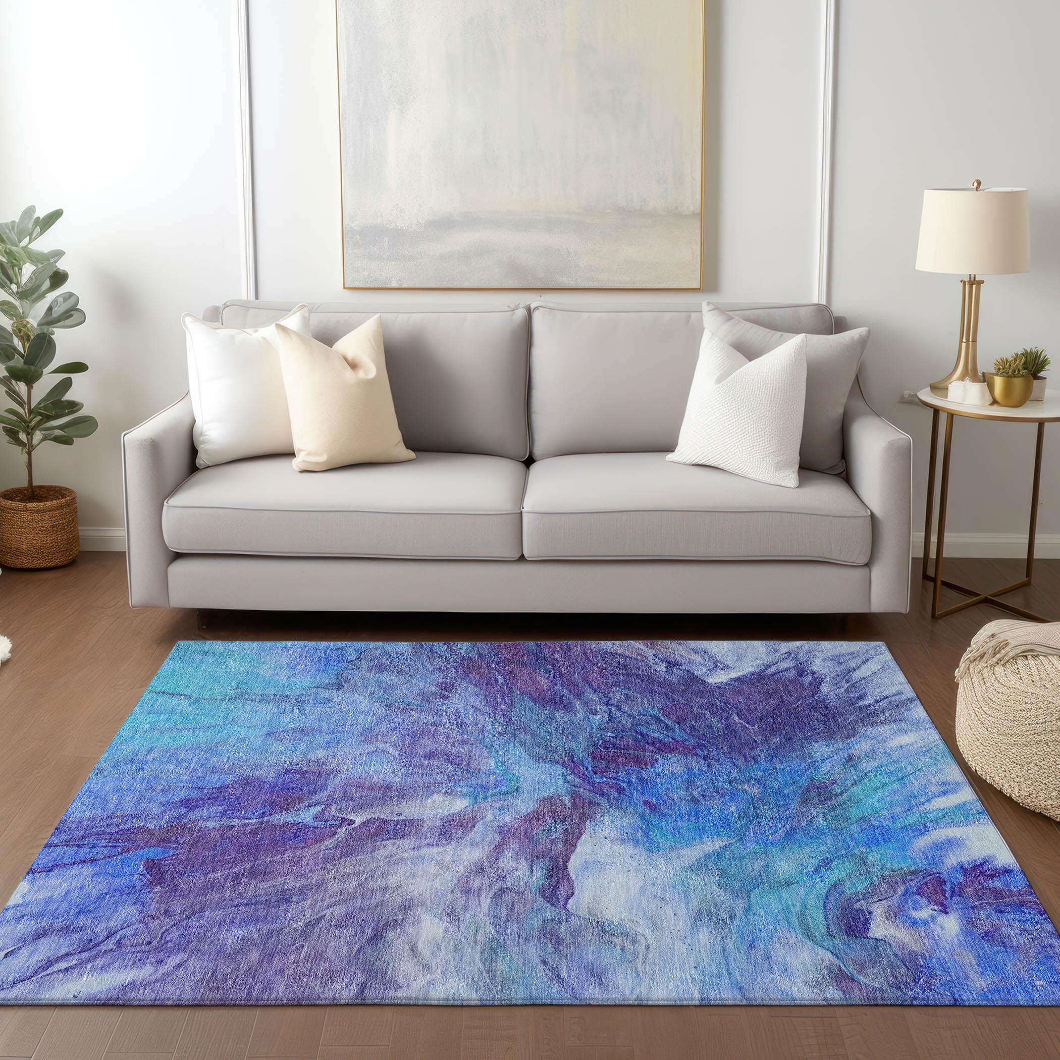 Blue Abstract Washable Synthetic 3' x 5' Area Rug