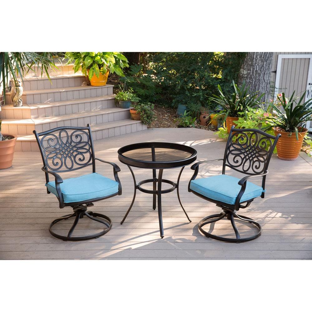 Hanover Traditions 3-Piece Swivel Bistro Set in Blue with 30 in. Glass-top Table