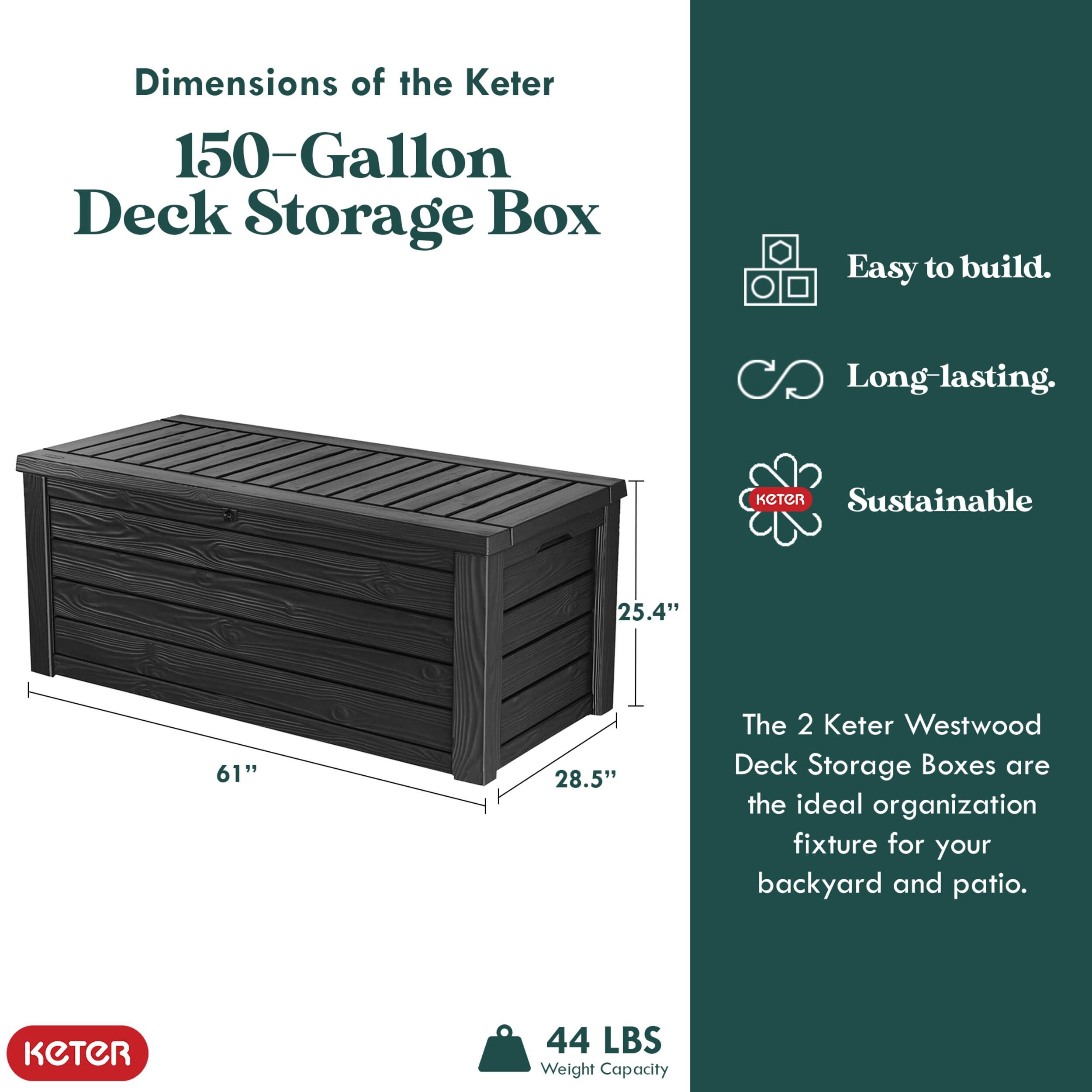Keter Westwood Outdoor Resin 150 Gallon Deck Storage Box Organizer for Patio Furniture, Pool Toys and Yard Tools with Bench, Dark Gray (2 Pack)
