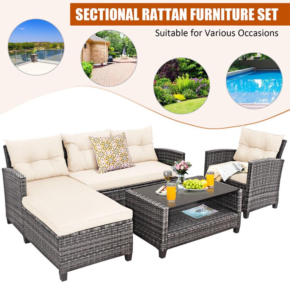 Costway 4PCS Patio Rattan Furniture Set Sofa Ottoman Cushion Garden Deck White
