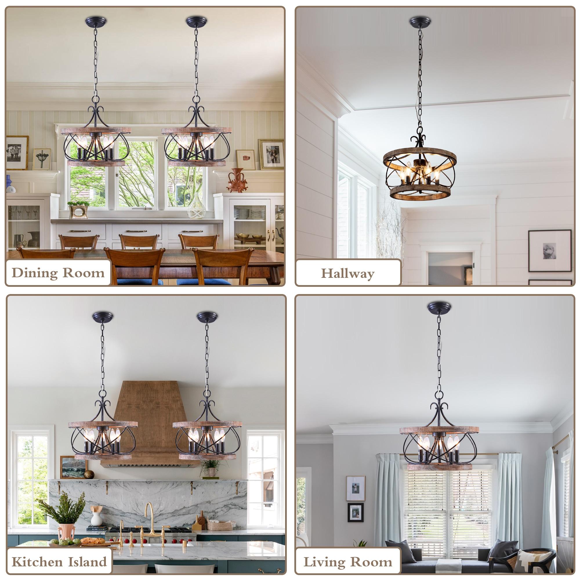 Cusp Barn  5-Light Farmhouse Wood Chandelier Adjustable Handmade Rustic Drum Ceiling Light Fixture Hanging Lamp for Foyer Kitchen 15.7-inch -