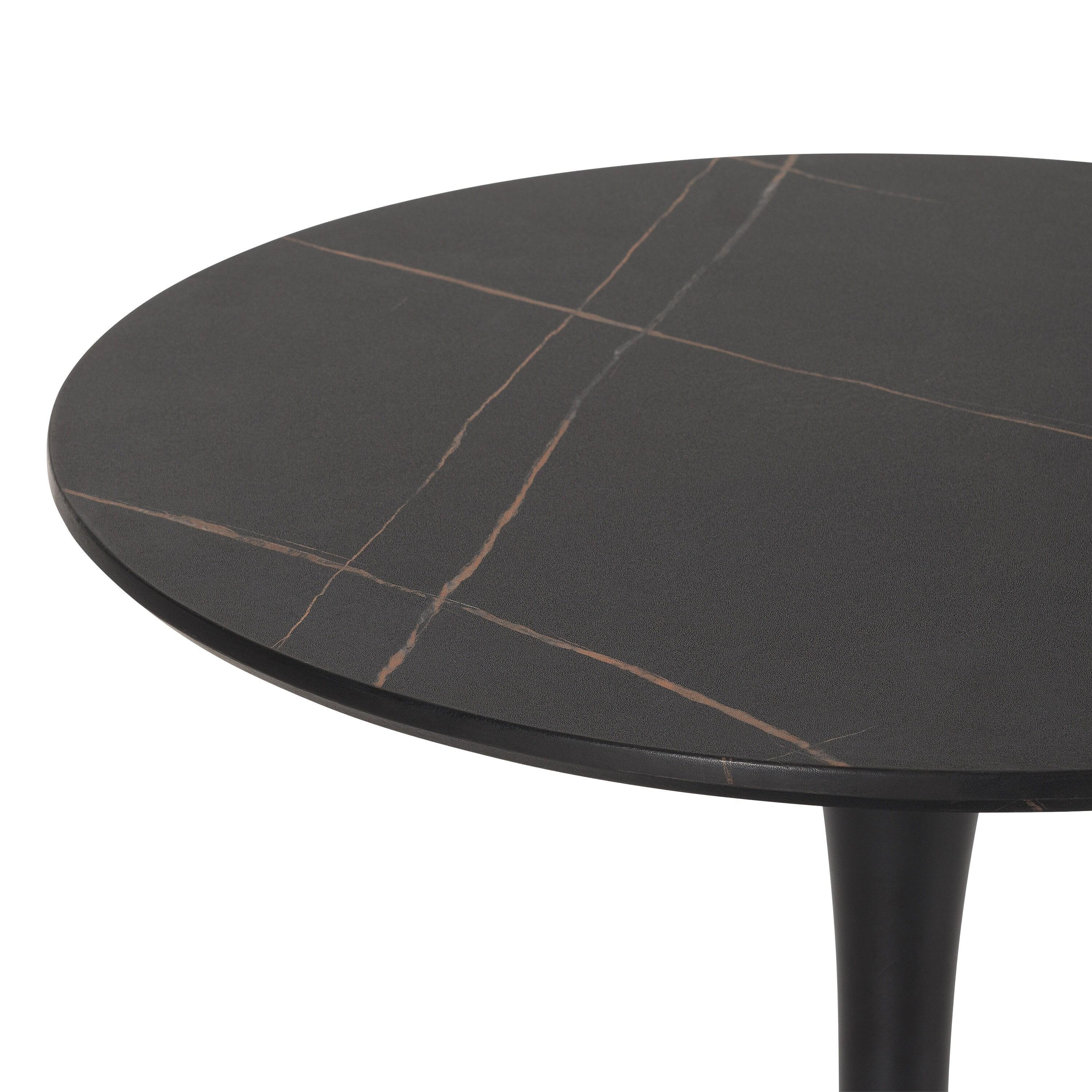 CorLiving Ivo Modern Round Black Marbled Engineered Wood and Steel Pedestal Dining Table - Small Pedestal Dining Room Table for 3, Ideal Small Round Kitchen Table, Bistro Cafe Table