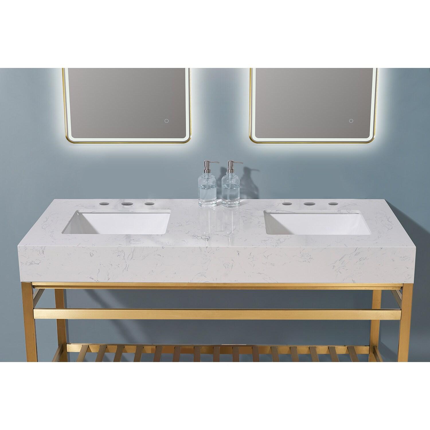 Merano 60" Double Stainless Steel Vanity Console in Brushed Gold with Aosta White Stone Countertop without Mirror