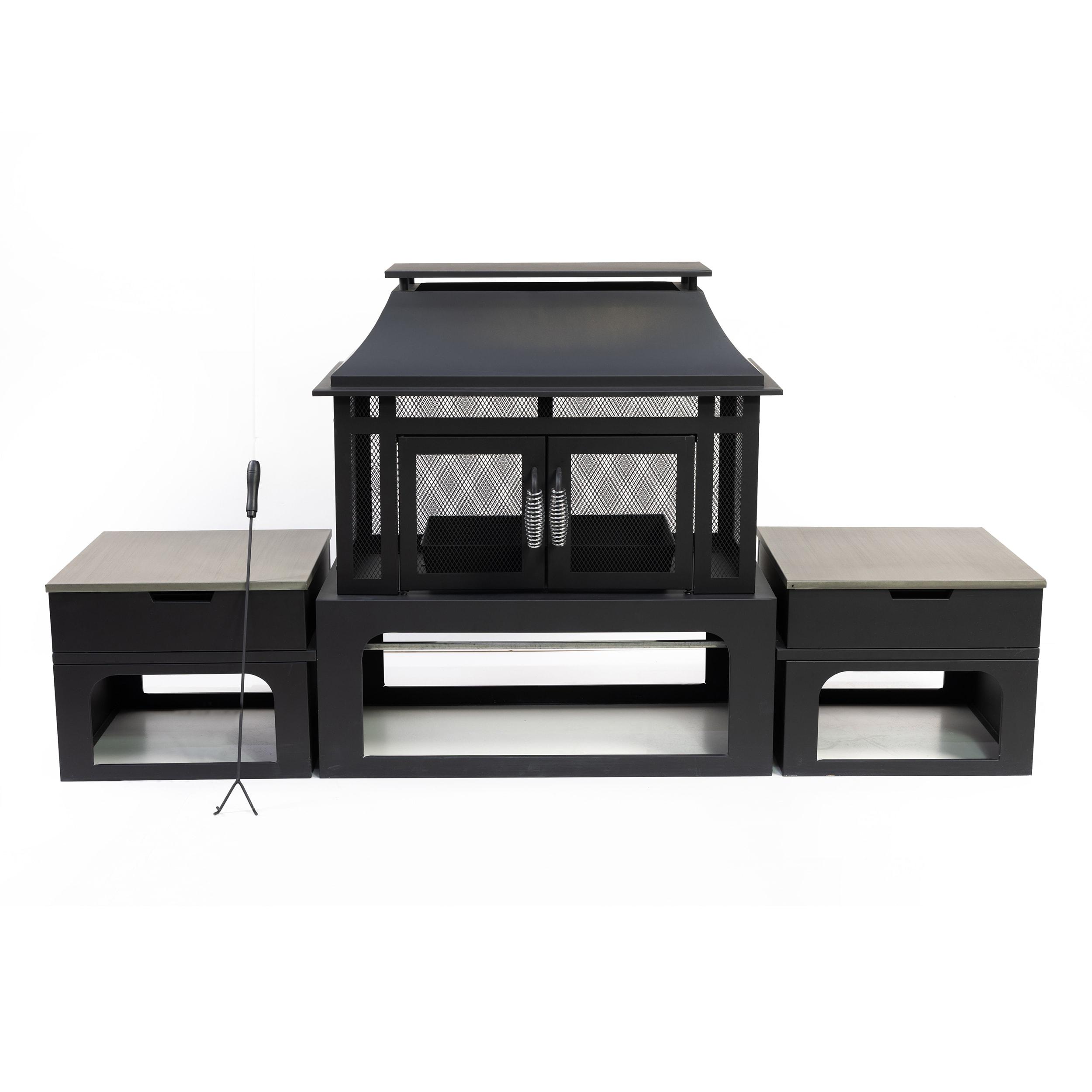 70-Inch Black Steel Woodburning Fire Pit with Side Tables