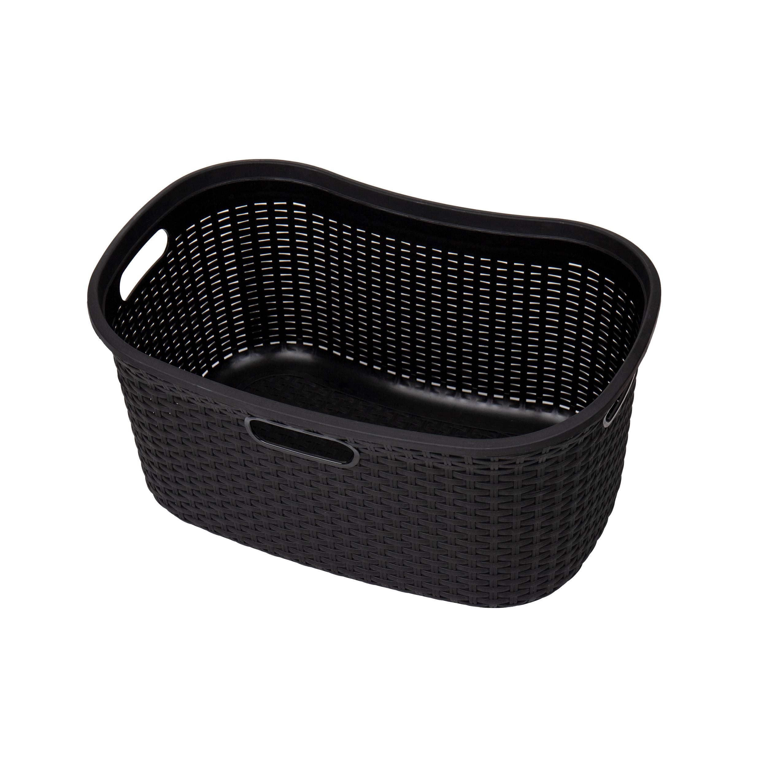Mind Reader 40L Laundry Basket, Clothes Hamper, Lid, Wicker Design, Plastic, Set of 2, Black