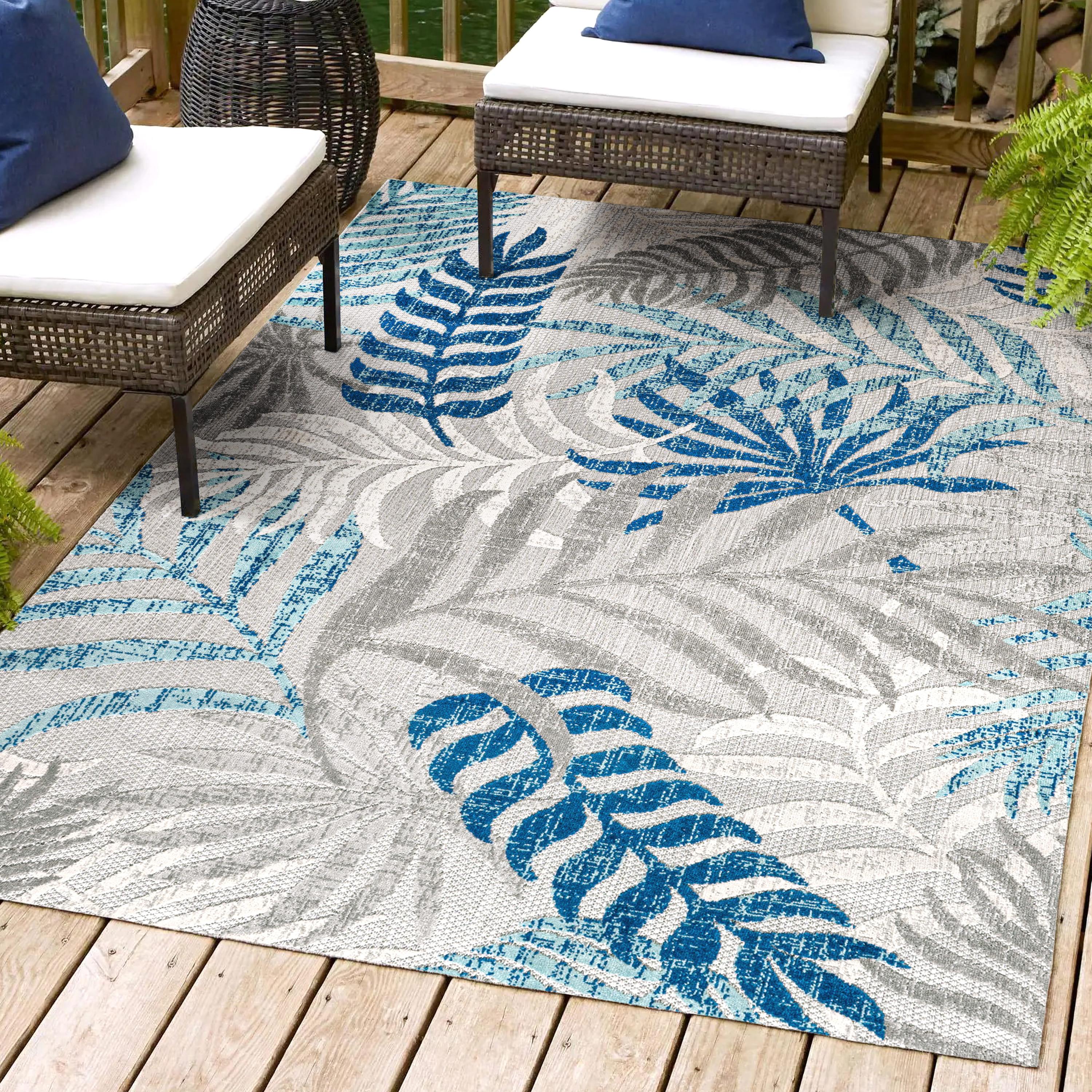 JONATHAN Y Tropics Palm Leaves Indoor/Outdoor Gray/Blue 5 ft. x 8 ft. Area Rug