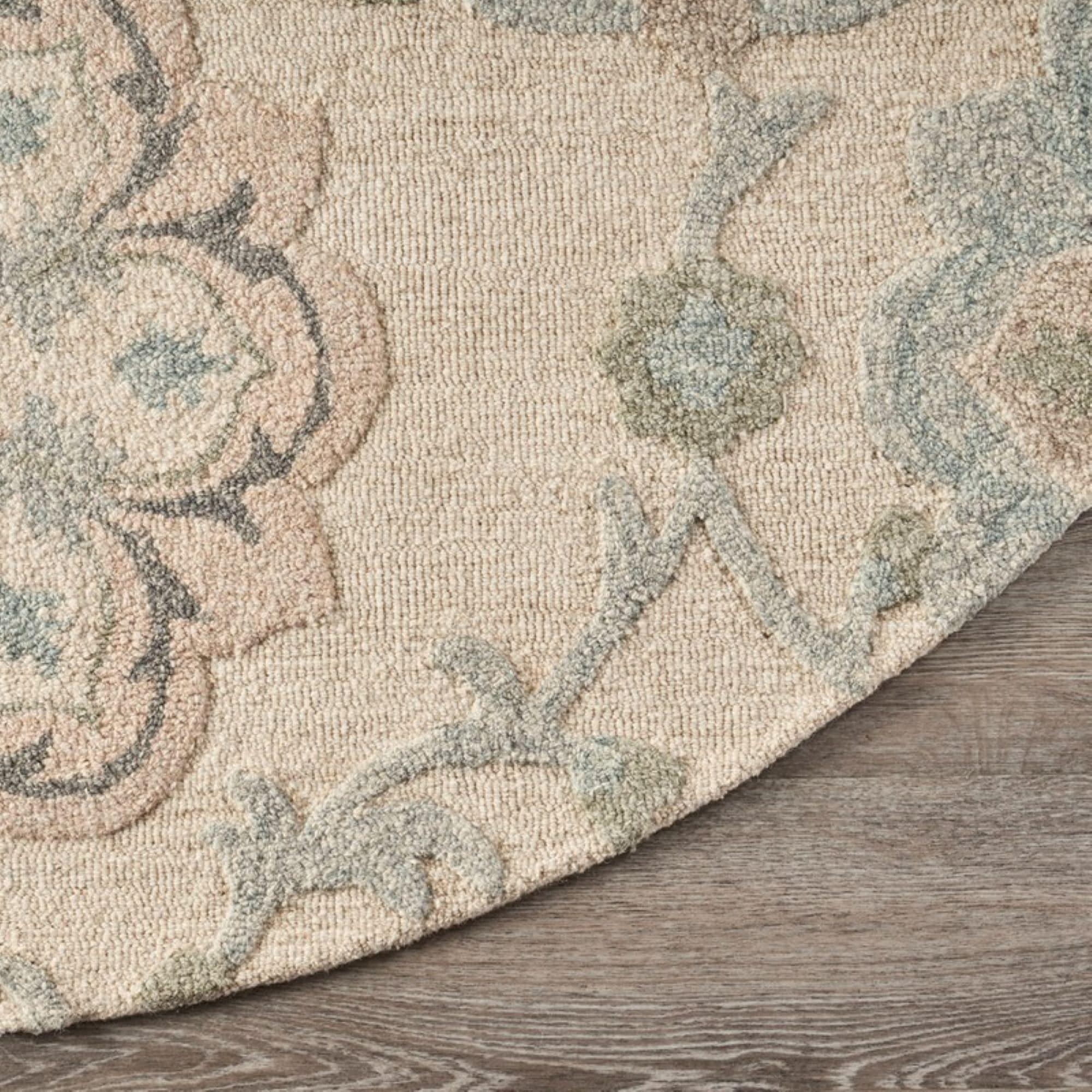 LR Home Aiden 7'3" Round Ivory and Blue Floral Wool Indoor Area Rug